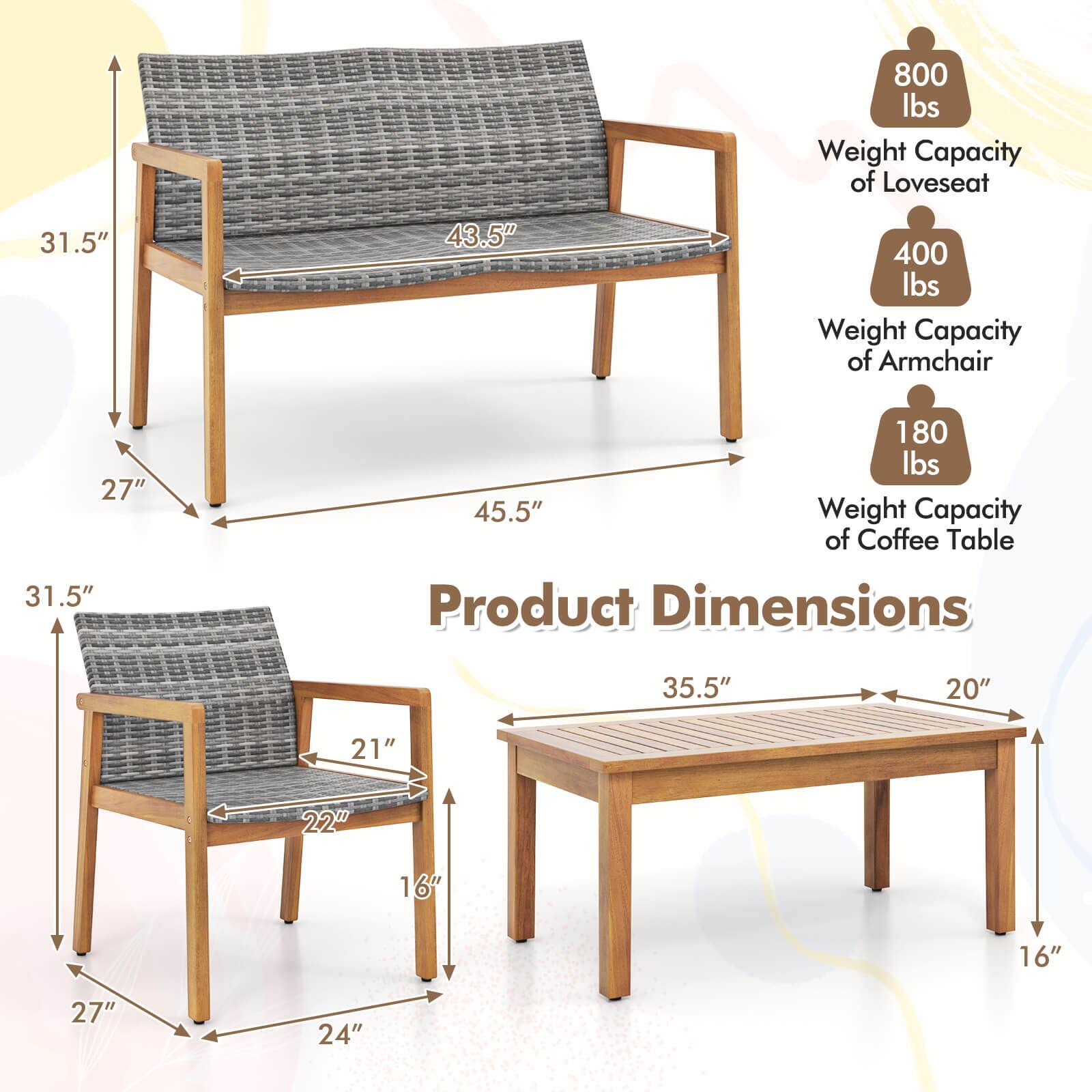 800 lbs Weight Capacity of Loveseat 31.5" 43.5" 400 lbs Weight Capacity of Armchair 27" 31.5" 180 lbs Weight Capacity of Coffee Table Product Dimensions 35.5" 20" 21" 22" 16" 16" 27" 24"