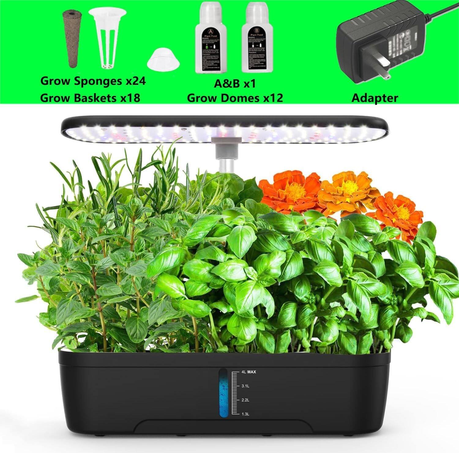 - Grow Sponges x24
- Grow Baskets x18
- A&B x1
- Grow Domes x12
- Adapter
- 4L MAX
- 3.1L
- 2.2L
- 1.3L