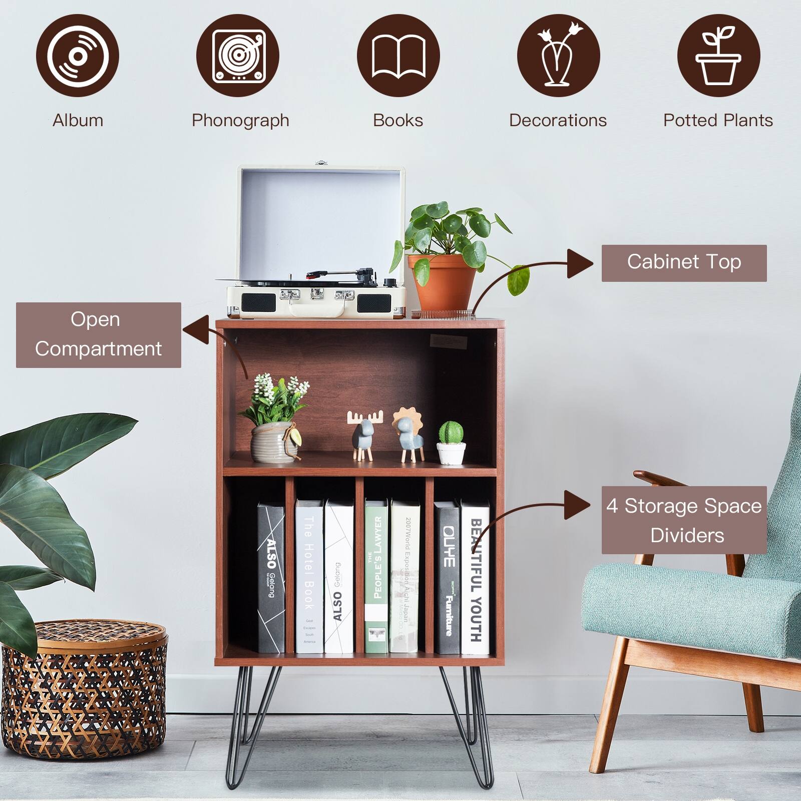 Album, Phonograph, Books, Decorations, Potted Plants, Cabinet Top, Open Compartment, 4 Storage Space Dividers, ALSO cen, The Hotel, Book - Bubsen, ALSO LAWYER 1, PEOPLE'S PURAAL0GE, Capos 5 Japan, OUYE Fumiture, BEAUTIFUL YOUTH