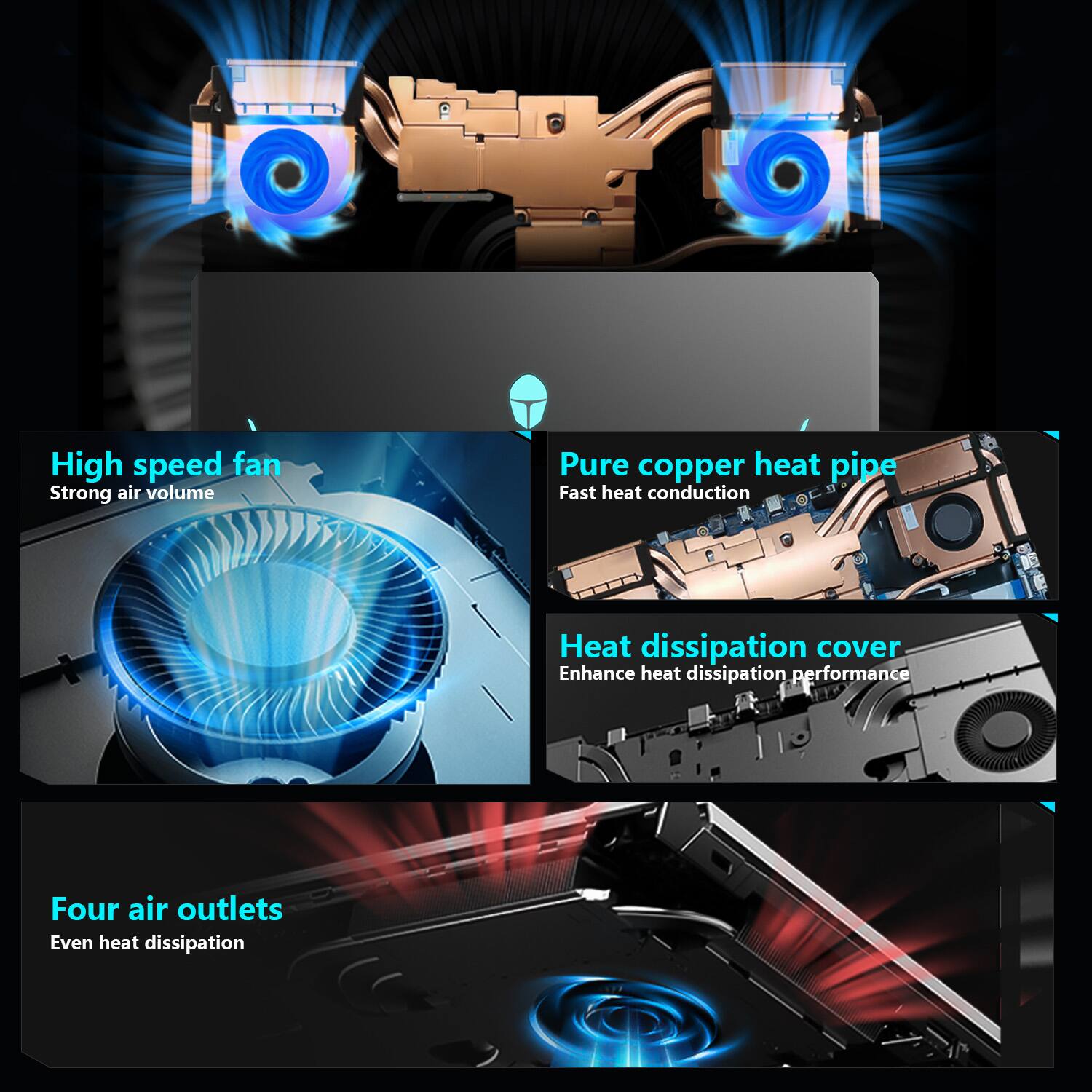 - High speed fan
  - Strong air volume

- Pure copper heat pipe
  - Fast heat conduction

- Heat dissipation cover
  - Enhance heat dissipation performance

- Four air outlets
  - Even heat dissipation