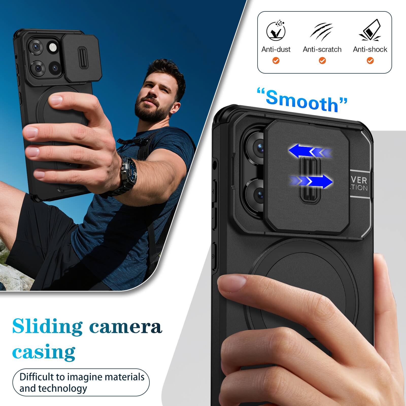 Anti-dust  
Anti-scratch  
Anti-shock  
"Smooth"  
Sliding camera casing  
Difficult to imagine materials and technology
