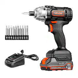 VEVOR - Impact Driver, 1/4Inch, 2800 RPM Max Speed, 20V Powerful Motor, Electric Cordless Impact Driver Kit with Battery,10 Bits - Black,Orange