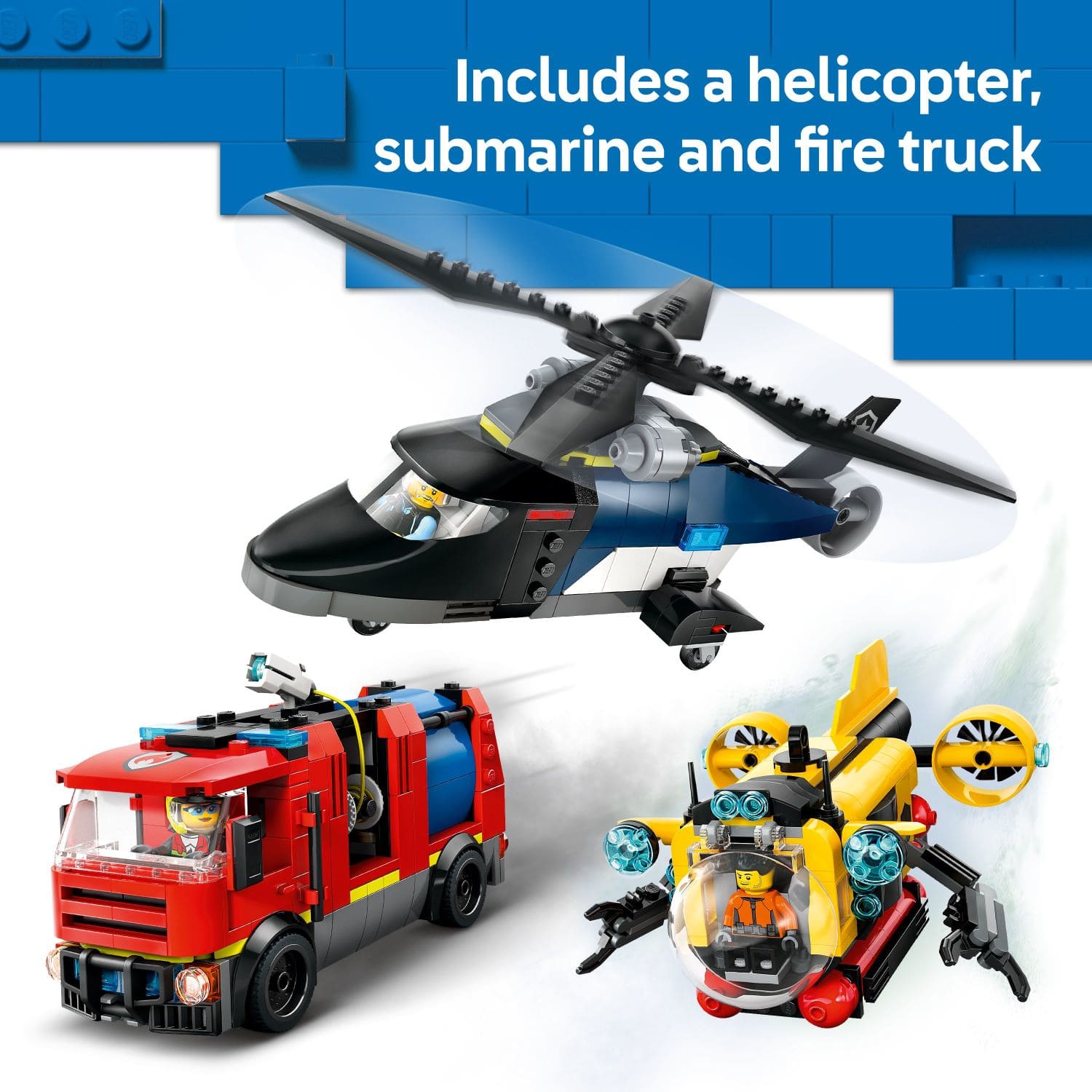 Includes a helicopter, submarine, and fire truck.