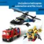 Includes a helicopter, submarine, and fire truck.