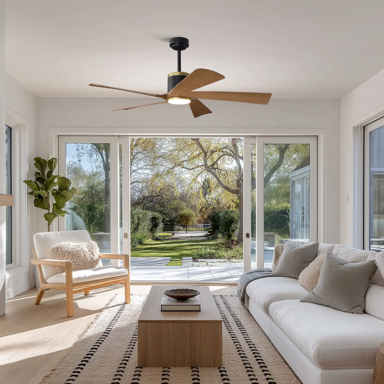 Left. Siljoy - 52-inch Farmhouse Ceiling Fan with LED Light 5 Reversible Wood Blades Remote Control for Living Room Bedroom Foyer - Natural Oak.