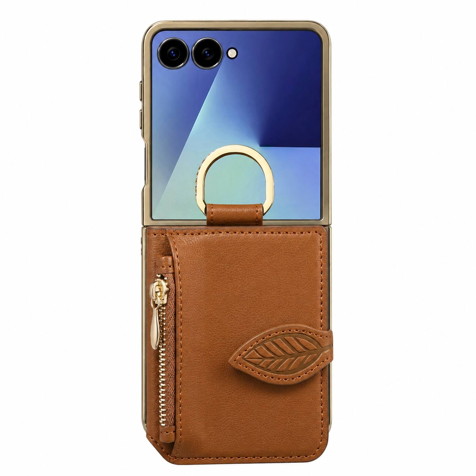 Angle. Dteck - Zipper Wallet Card Pocket Back Cover for Samsung Galaxy Z Flip8 with Mirror Design, Shockproof Finger Ring Rugged Cover - Brown.