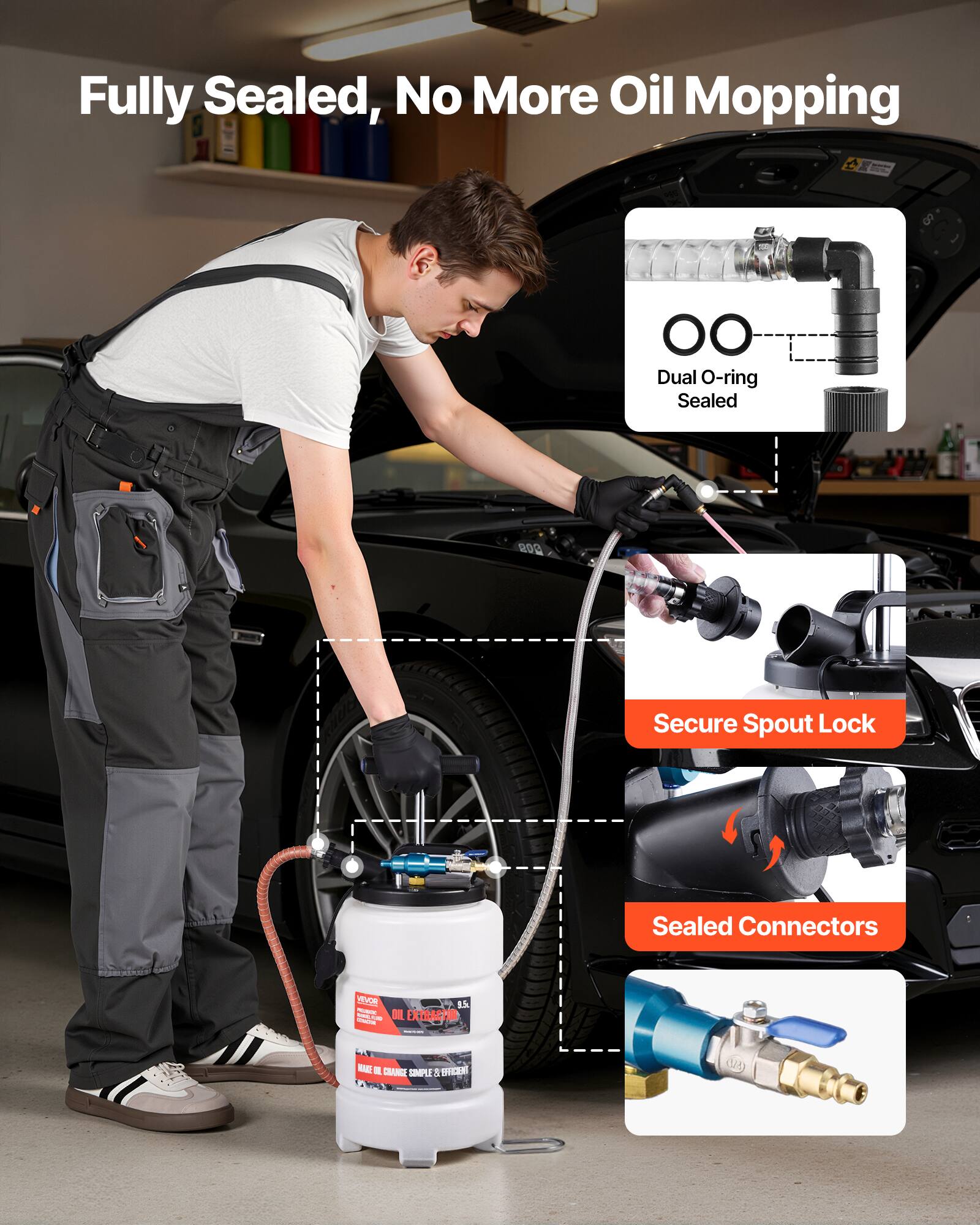 Fully Sealed, No More Oil Mopping  
A - S O Dual O-ring Sealed  
200 Secure Spout Lock Sealed Connectors  
YEVOR - mna BA 5 N  
EXTRACTUR I - RAEL i CRANCE  
SMPLE & B P 1 CA