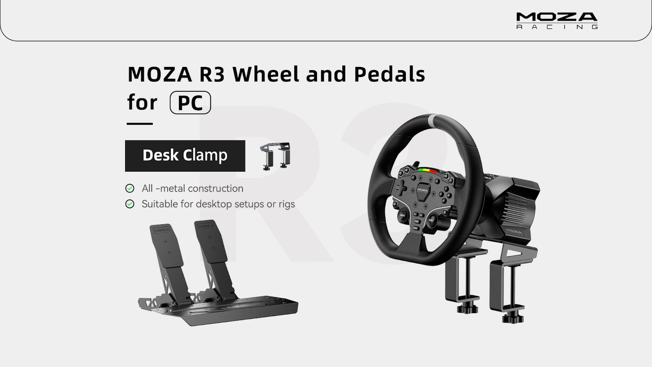 Mozza Racing Mozza R3 Wheel and Pedals for PC Desk Clamp - All Suitable for desktop setups or rigs.