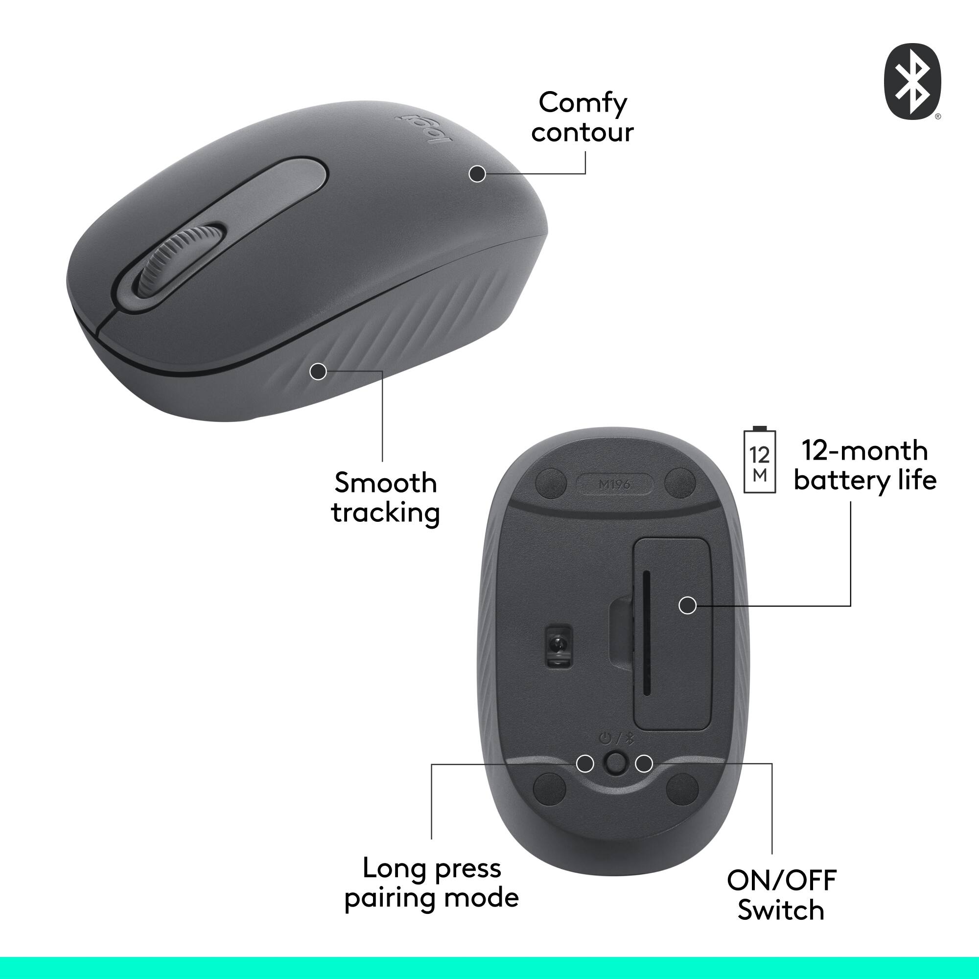 The image shows a computer mouse and its accompanying instructions. The mouse is described as having a "comfy contour" and being designed for "smooth tracking." The instructions also indicate that the mouse has a 12-month battery life and can be paired using a long press of the pairing mode button. Additionally, the instructions explain that the ON/OFF switch can be used to turn the mouse on or off.