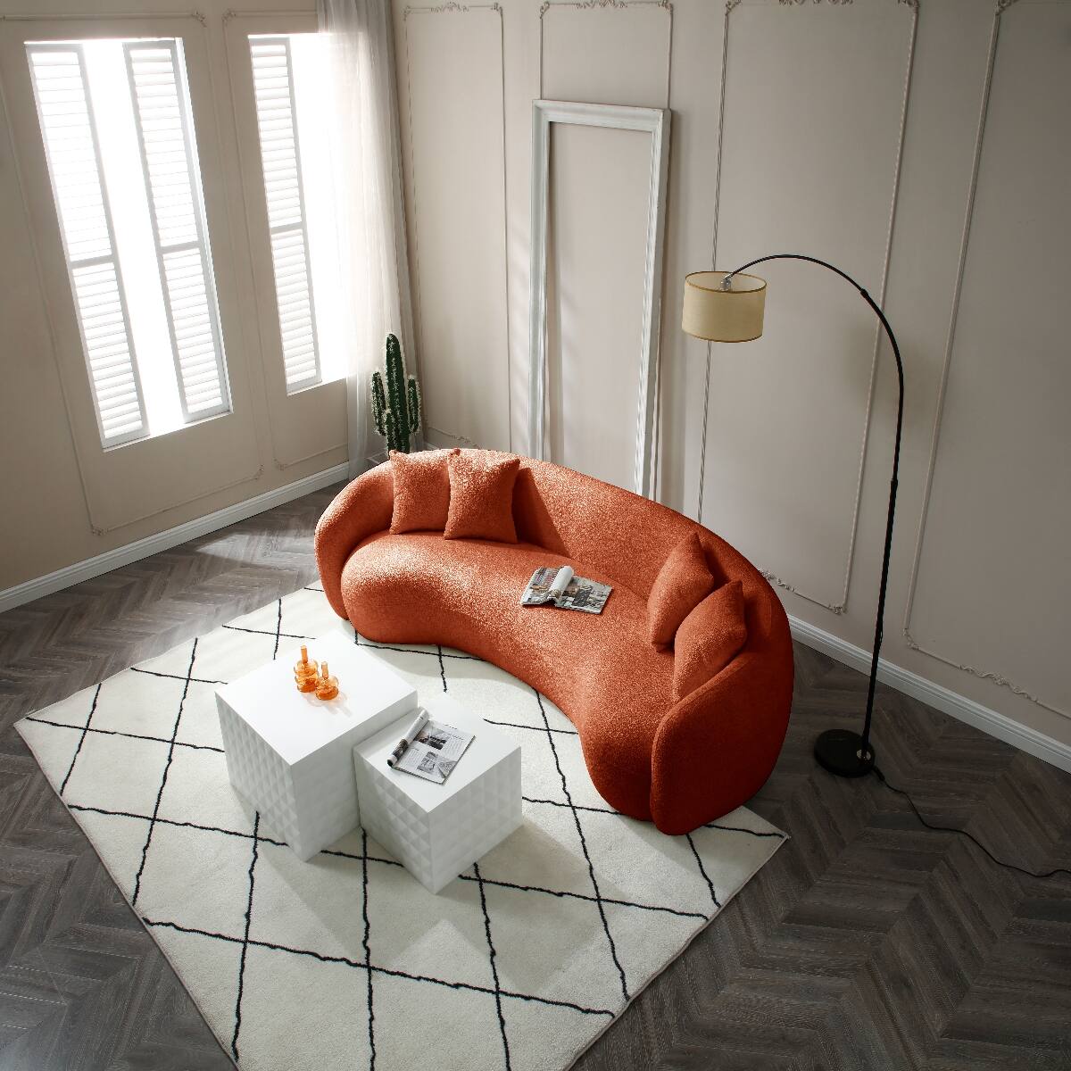 Alt View 4. Ropilly - Ropilly Curved Boucle Sofa, Half Moon Sectional 5 Seater Couch in Orange with 4 Throw Pillows - Orange.