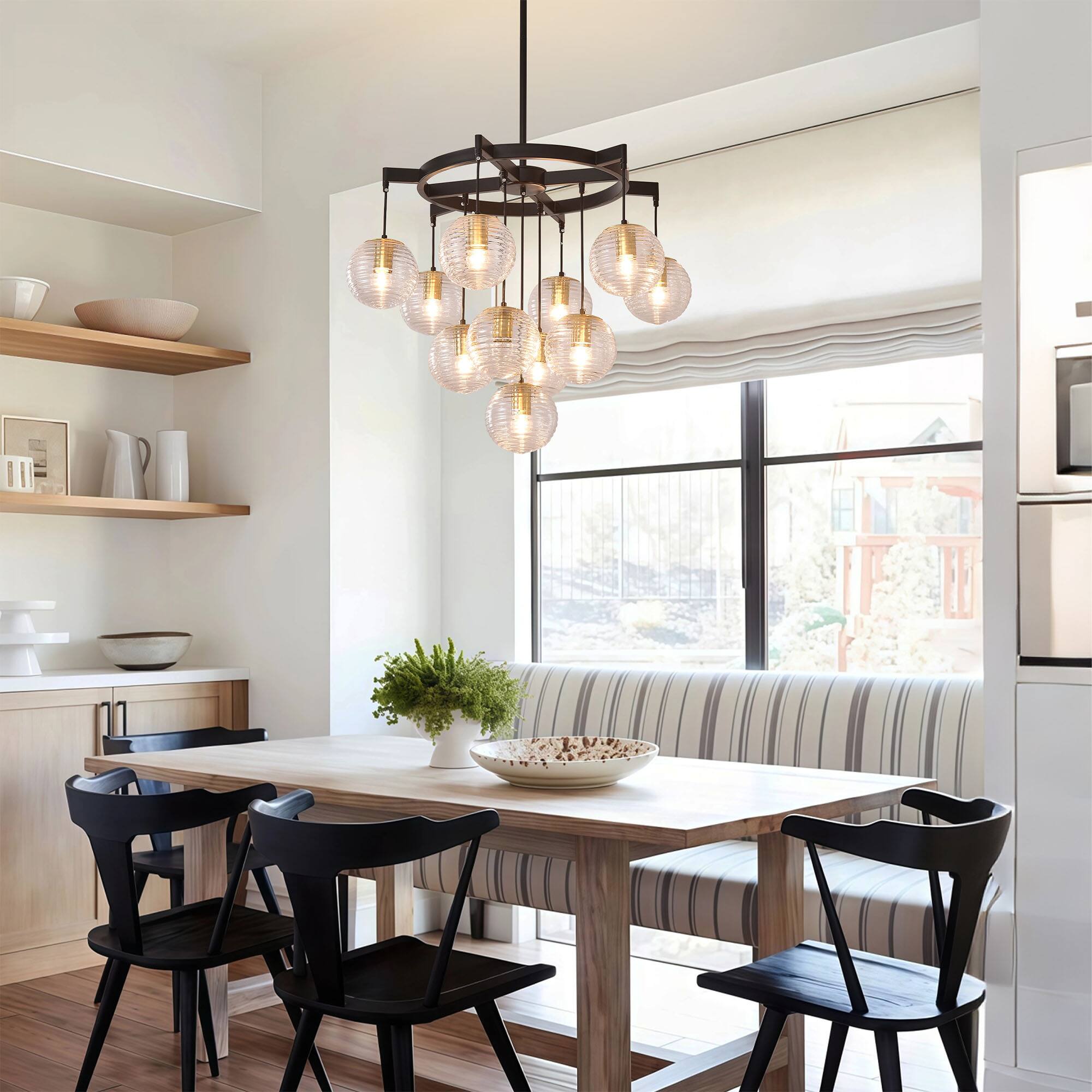 Angle. RYHNUYNE - 28.5" Modern Bubble Chandelier, 11-Light Black Ribbed Glass Pendant Light for Kitchen Island Foyer Entryway - Black.