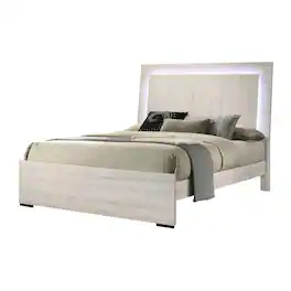 Manhattan Lane - Hyao Queen Size Bed w LED on Headboard, Antique Finsih - White Wash