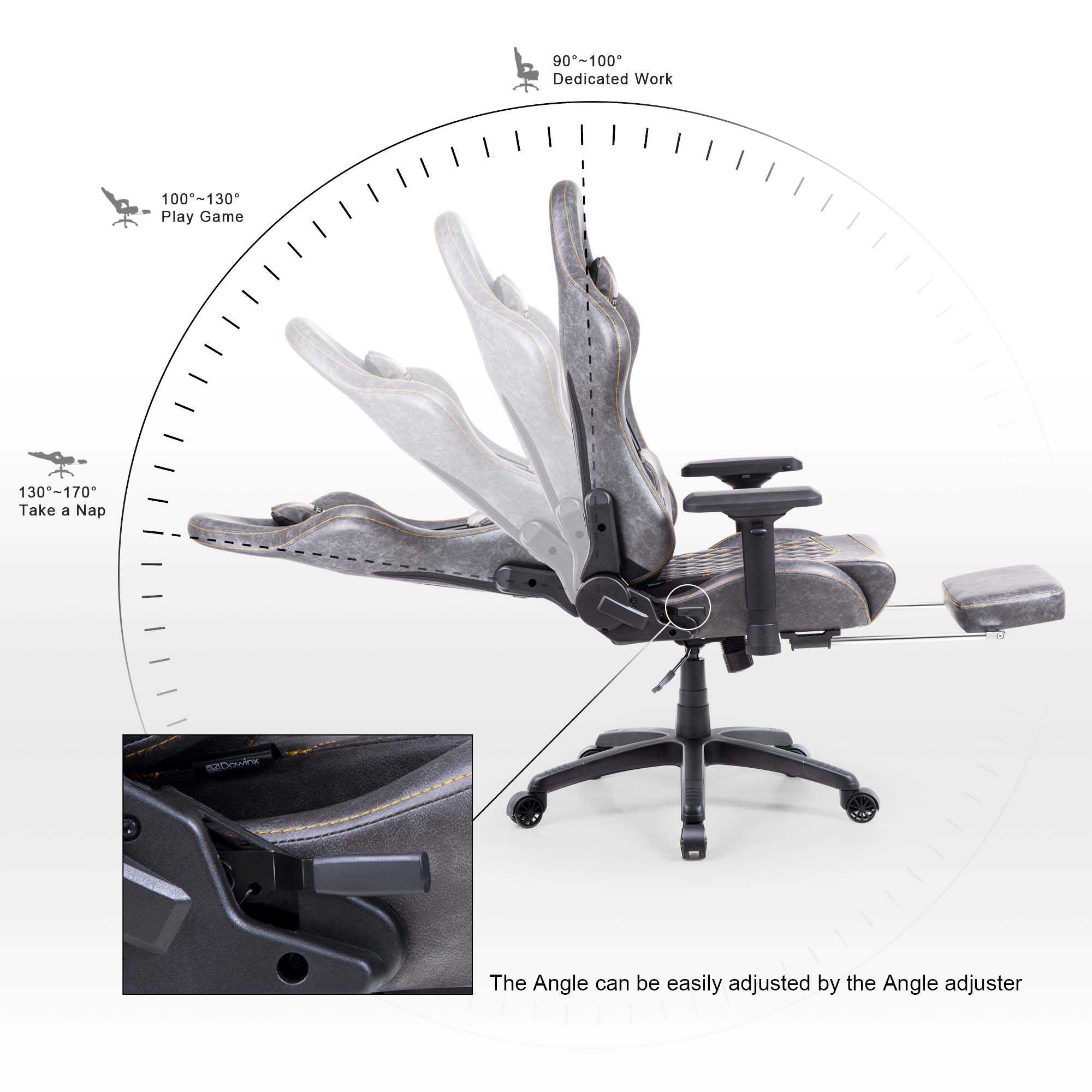 90°~100° Dedicated Work  
100°~130° Play Game  
130°~170° Take a Nap  

The angle can be easily adjusted by the angle adjuster.