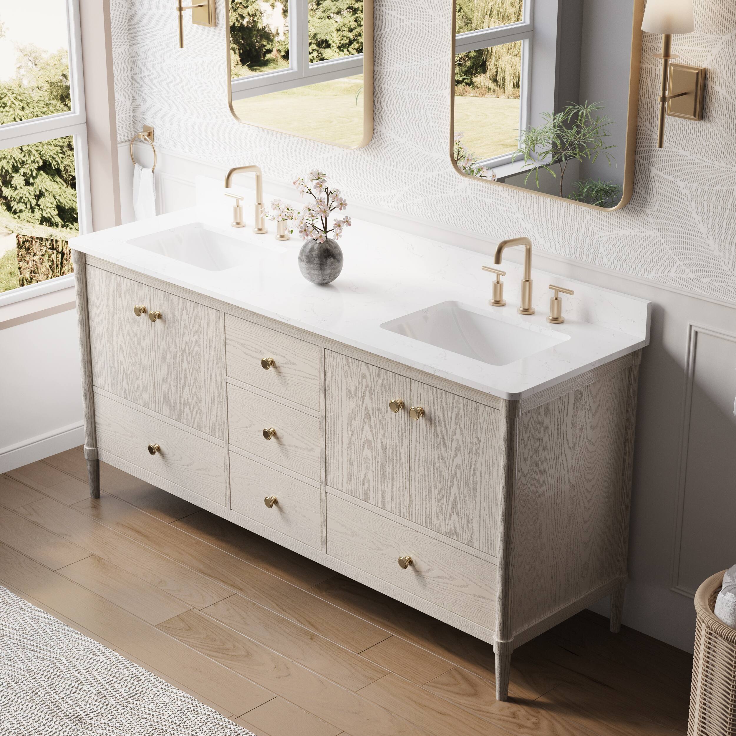 Angle. WELLFOR - ETHAN 72 in. Solid Wood Bath Vanity with Quartz Top, Double Sink, Soft Close, Assembled - OAK.