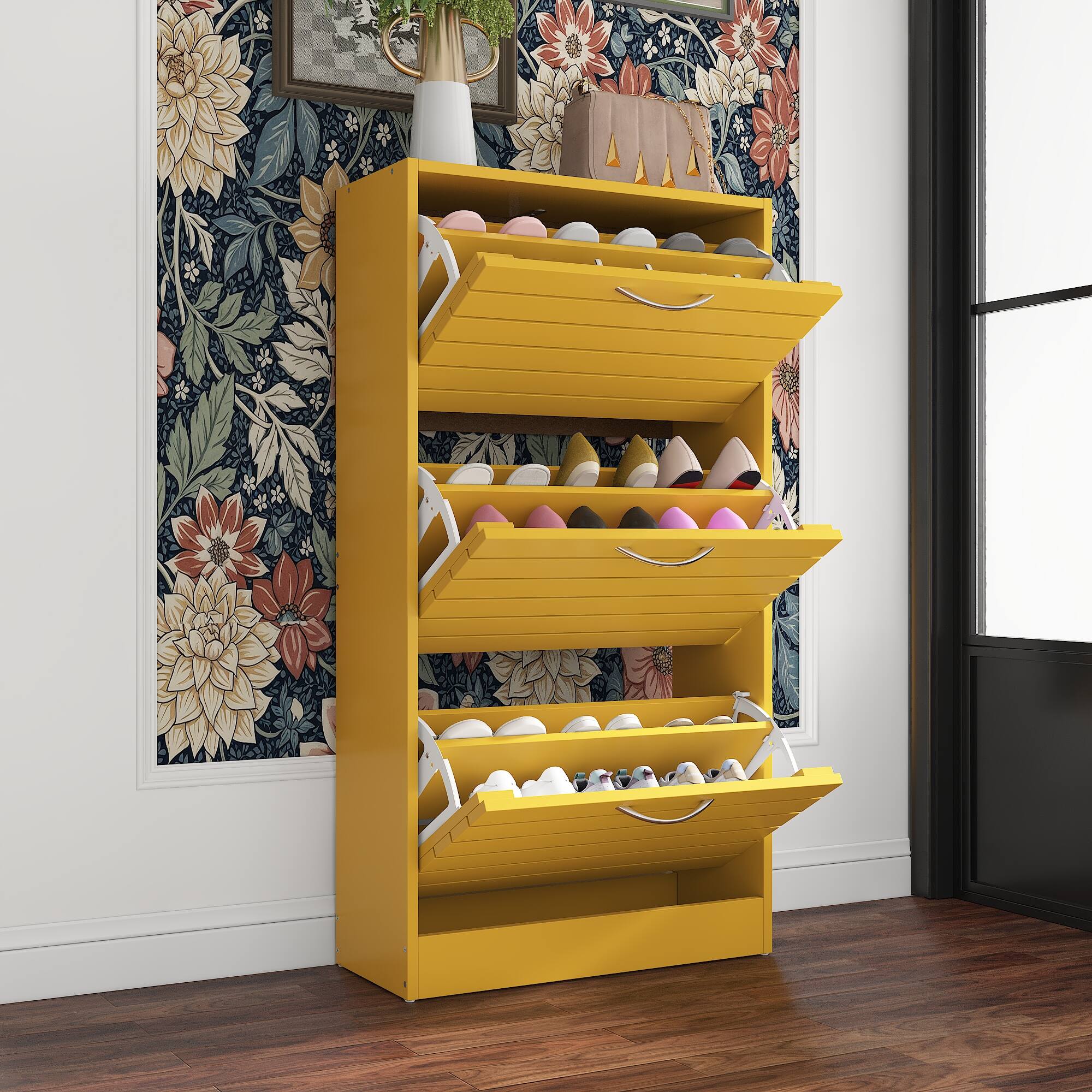 Alt View 6. Famapy - Famapy Space - Saving Rustic Shoe Cabinet 3 Flip Drawers Adjustable Shelves to Tame Clutter & Enhance Entryway Style - Yellow.