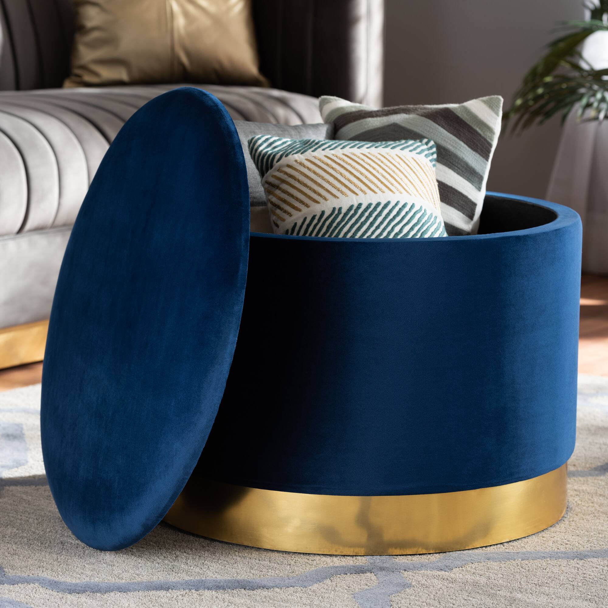 Alt View 2. Baxton Studio - Marisa Glam and Luxe Velvet Fabric Upholstered Gold Finished Storage Ottoman - Navy Blue/Gold.
