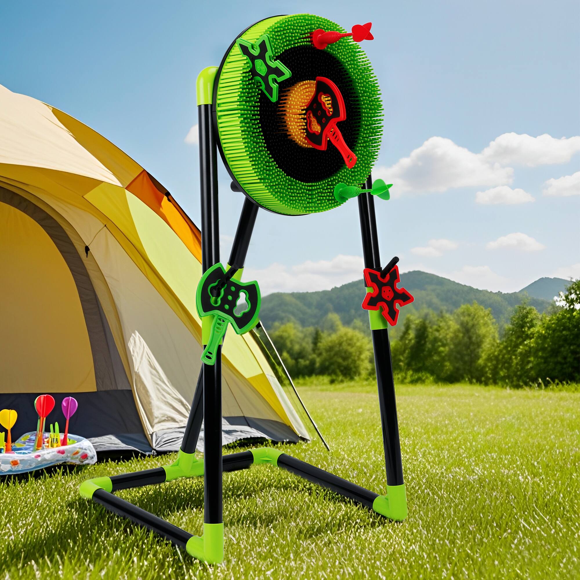 Alt View 1. Topteng - 3-in-1 Axe & Dart Throwing Game Set for Kids - Safe Indoor/Outdoor Toy with Target Board, Portable Backyard Party Game - Green.