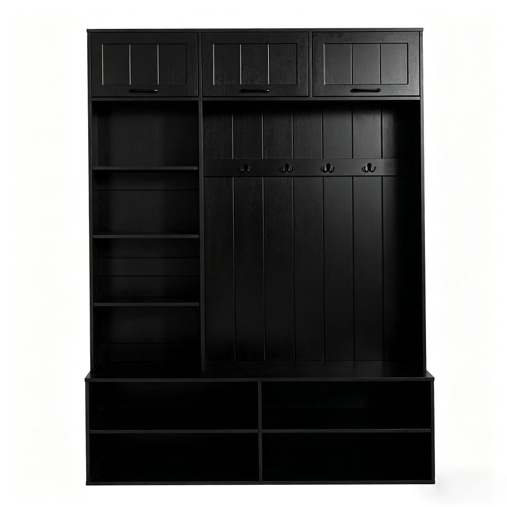 Alt View 1. Loheer - Loheer 5-in-1 entryway bench with coat rack, farmhouse hall tree with bench and shoe storage, 76.9 inch tall, Black - Black.