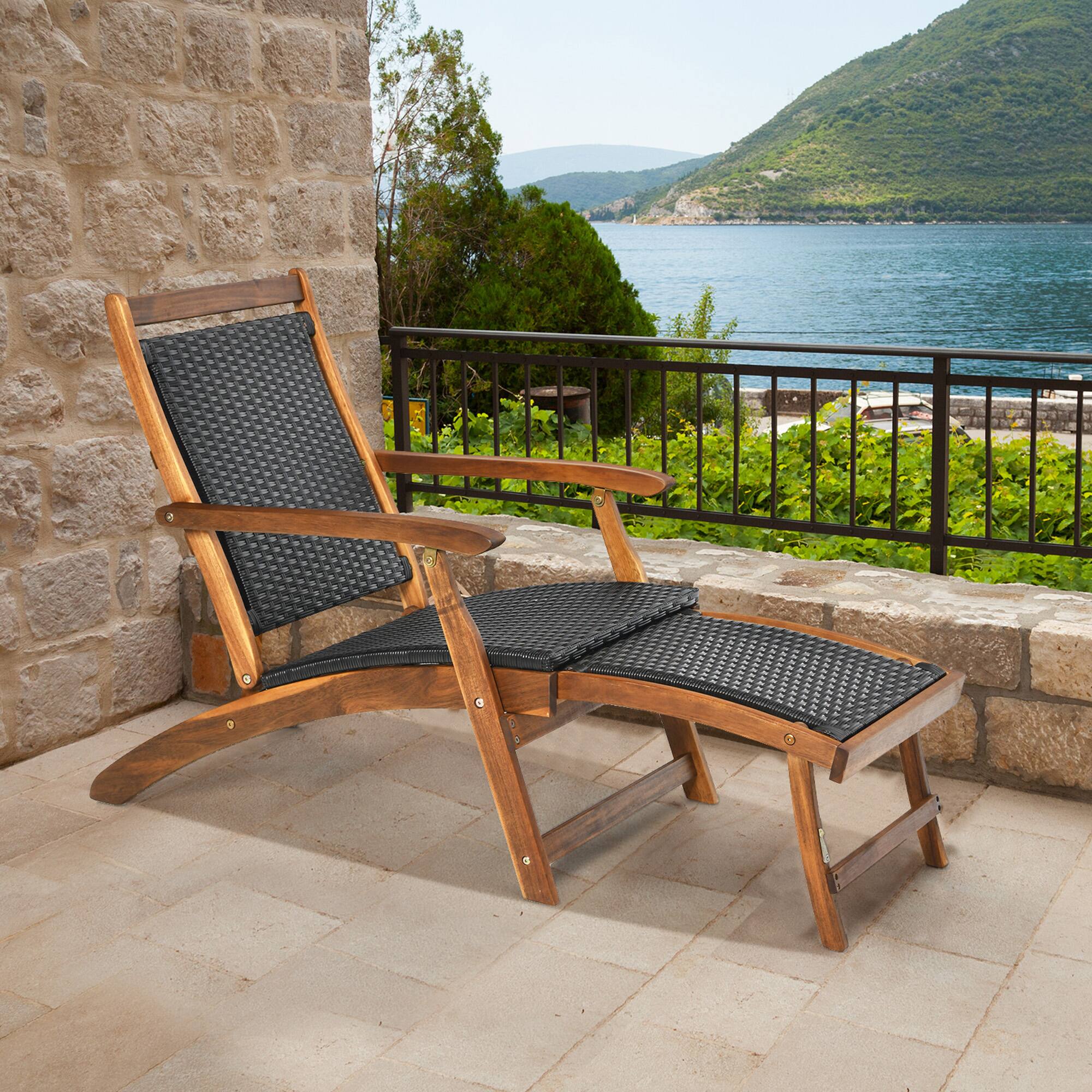 Alt View 3. Gymax - Gymax Set of 2 Folding Patio Acacia Wood Deck Chair Rattan Chaise Lounge Chair w/ Footrest - Mix Brown.