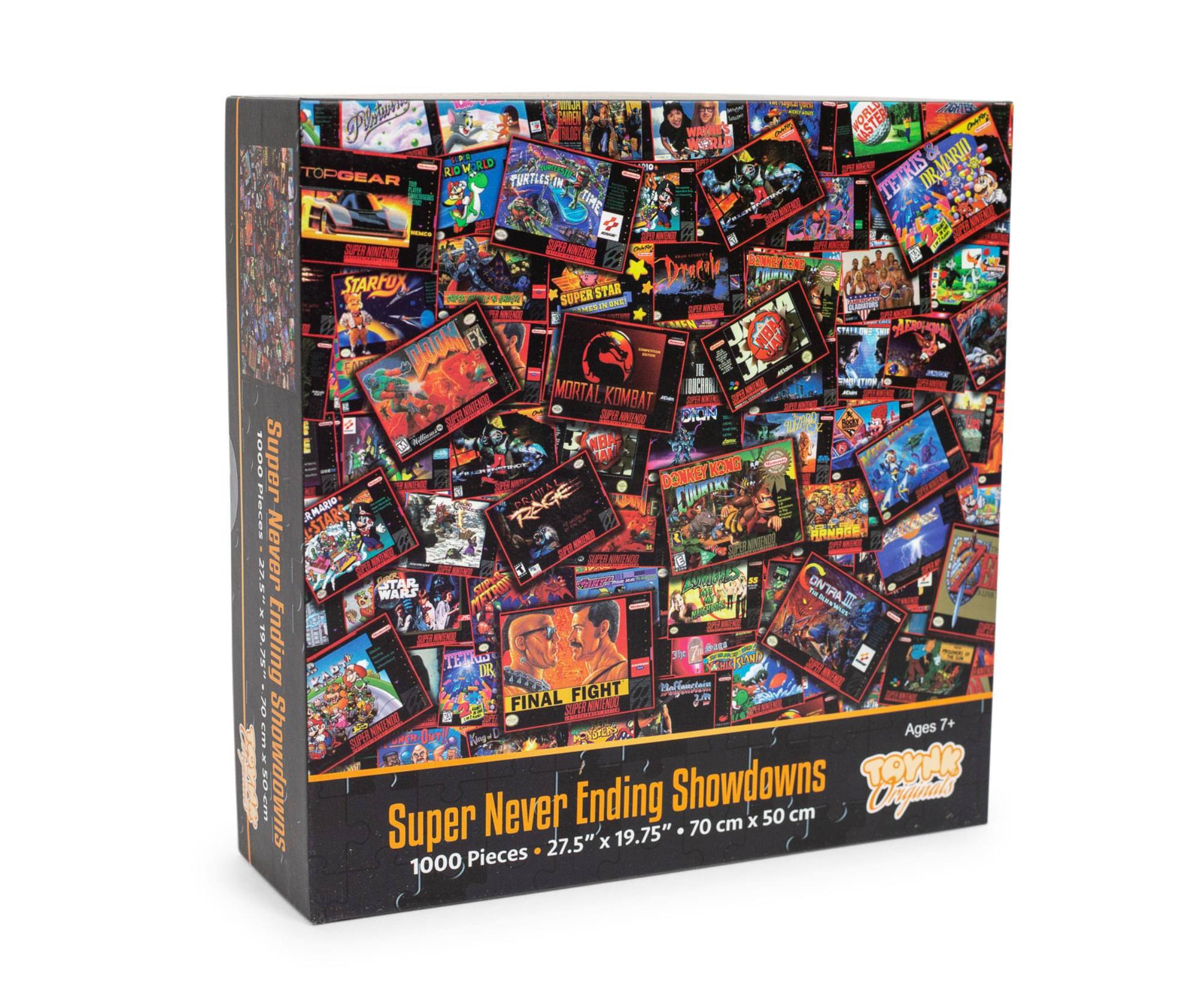 - A set of puzzle pieces featuring various video game covers.
- Titles include: Top Gear, World of Warcraft, Turtles in Time, Tetris, Dr. Mario, Star Fox, Super Star Wars, Mortal Kombat, Donkey Kong, Mario, NBA, Super Mario, Star Wars, Final Fight, and more.
- The puzzle is titled "Super Never Ending Showdowns."
- Dimensions: 27.5" x 19.75" (70 cm x 50 cm).
- Contains 1000 pieces.
- Suitable for ages 7+.
- The box is labeled "Tommy's Originals."