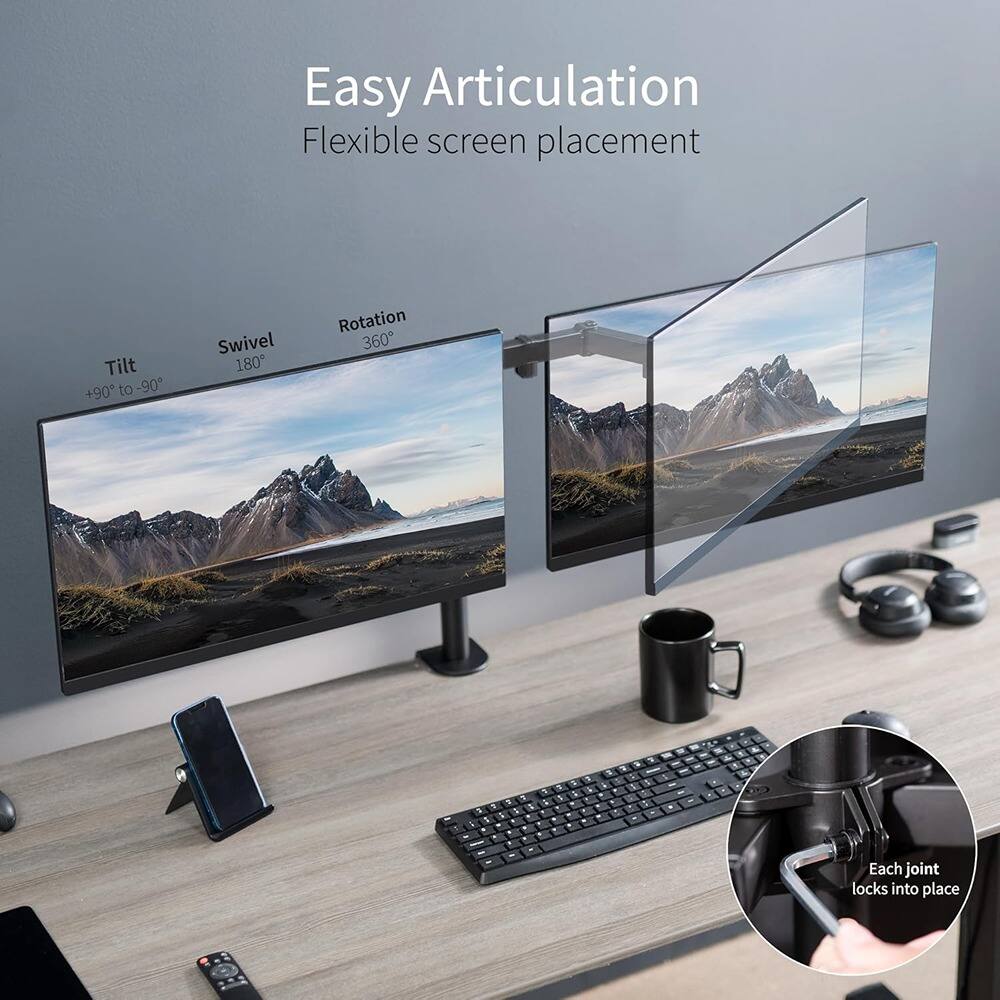 Easy Articulation  
Flexible screen placement  

Tilt +90° to -90°  
Swivel 180°  
Rotation 360°  

Each joint locks into place