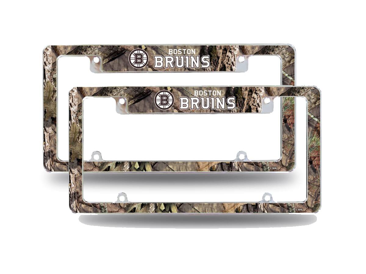 Boston Bruins Chrome Metal (Set of 2) License Plate Frames with Mossy Oak Camouflaged Camo Design