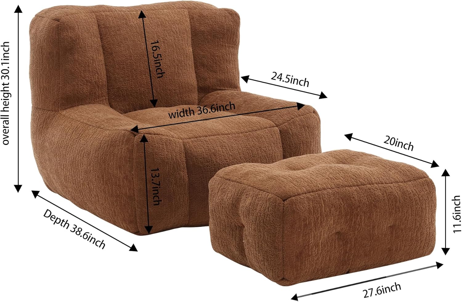 - Overall height: 30.1 inch
- Depth: 38.6 inch
- Width: 36.6 inch
- Arm height: 16.5 inch
- Seat height: 13.7 inch
- Seat depth: 24.5 inch
- Arm width: 20 inch
- Seat width: 27.6 inch
- Seat depth: 11.6 inch