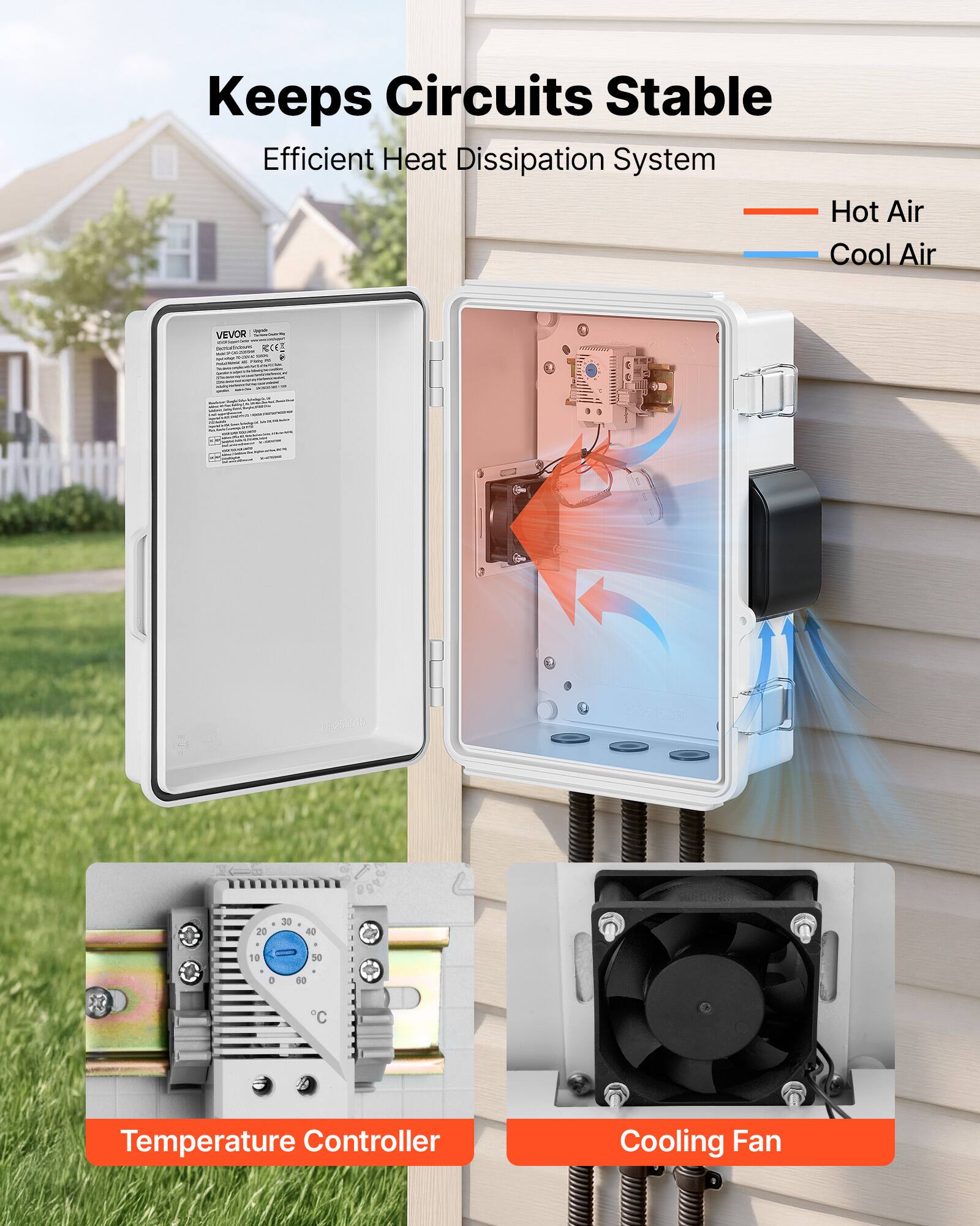 Keeps Circuits Stable  
Efficient Heat Dissipation System  
Hot Air  
Cool Air  
VEVOR ECC-  
Temperature Controller  
Cooling Fan