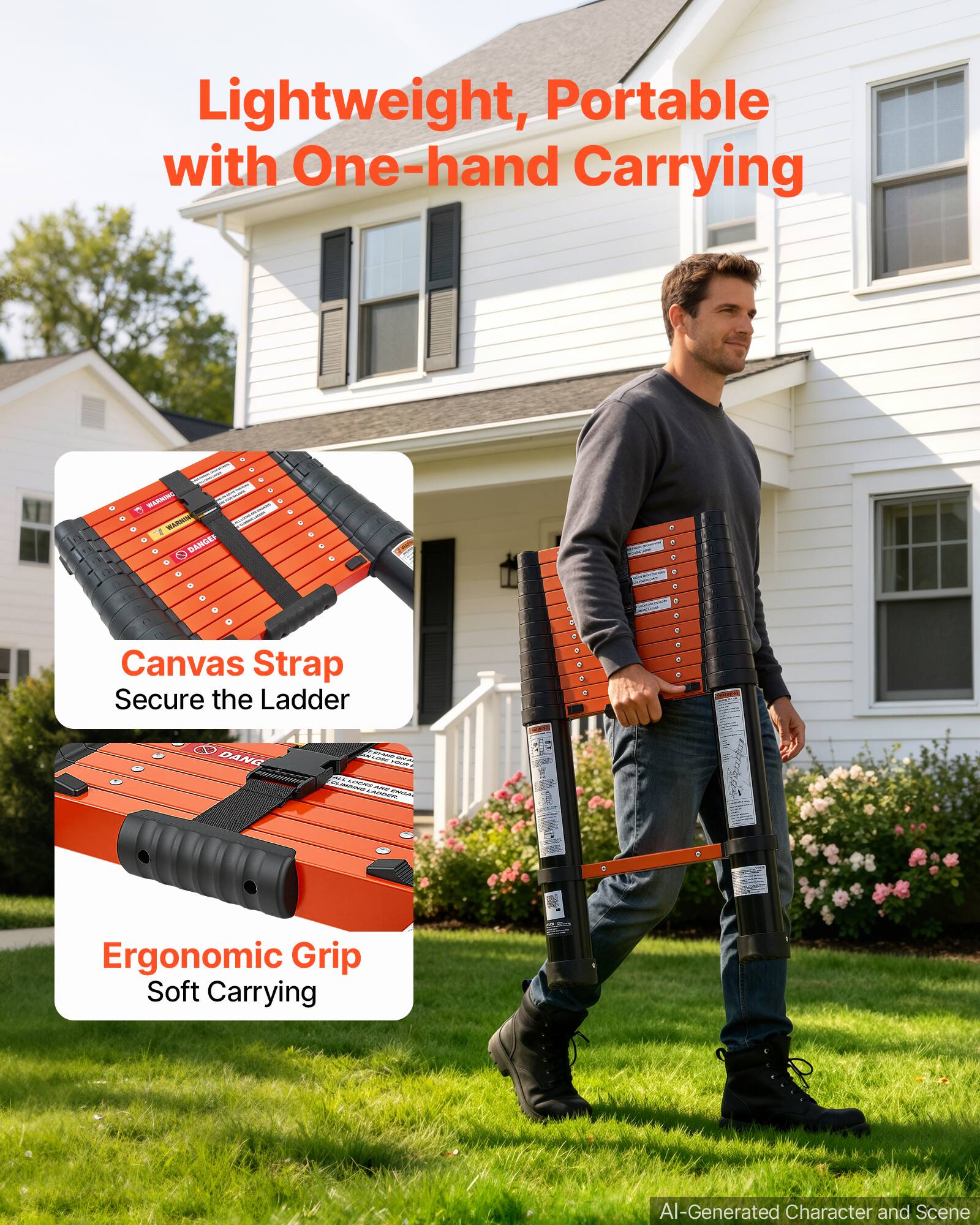 Lightweight, Portable with One-hand Carrying

Canvas Strap Secure the Ladder

Ergonomic Grip Soft Carrying

AI-Generated Character and Scene