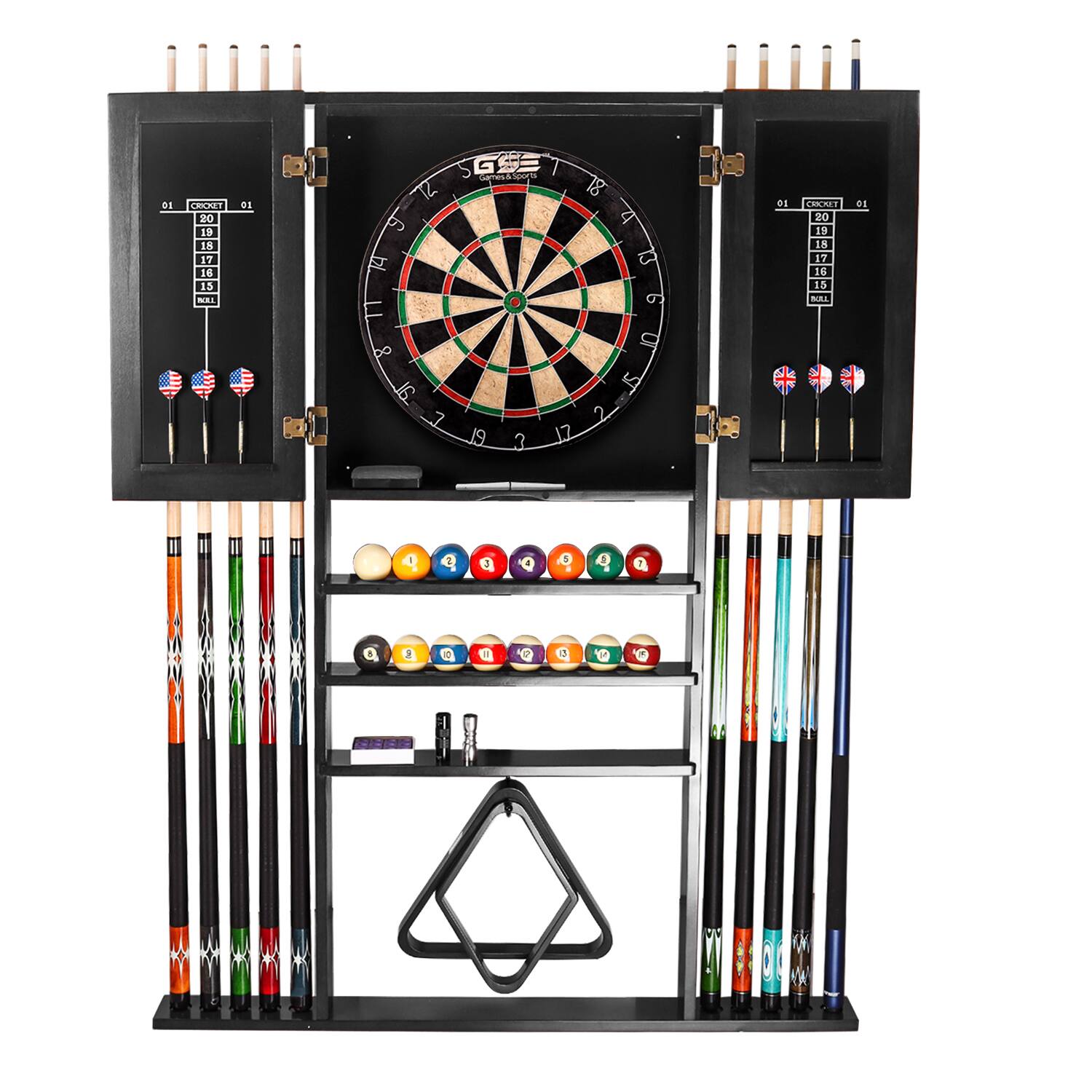 GSE Games & Sports Expert - Wood 10 Billiard Pool Cue Rack & Dart Board Cabiner Combination Rack Only - Black