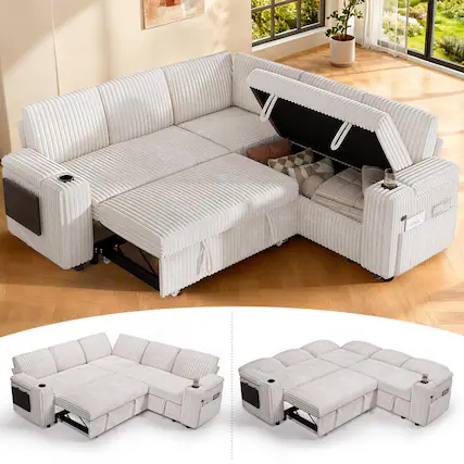 Front. Vipbear - 85" Modular 5 Seat L Shaped Couch with Reclining Backrest|USB Ports|Cup Holders|Side Table|Storage Chaise Armrests - Beige.