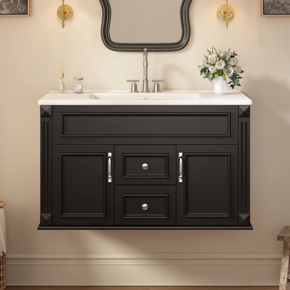 Left. Loheer - Loheer 36 inch Wall Mounted Bathroom Vanity Black Floating Bathroom Storage Cabinet with Ceramic Sink - Black.