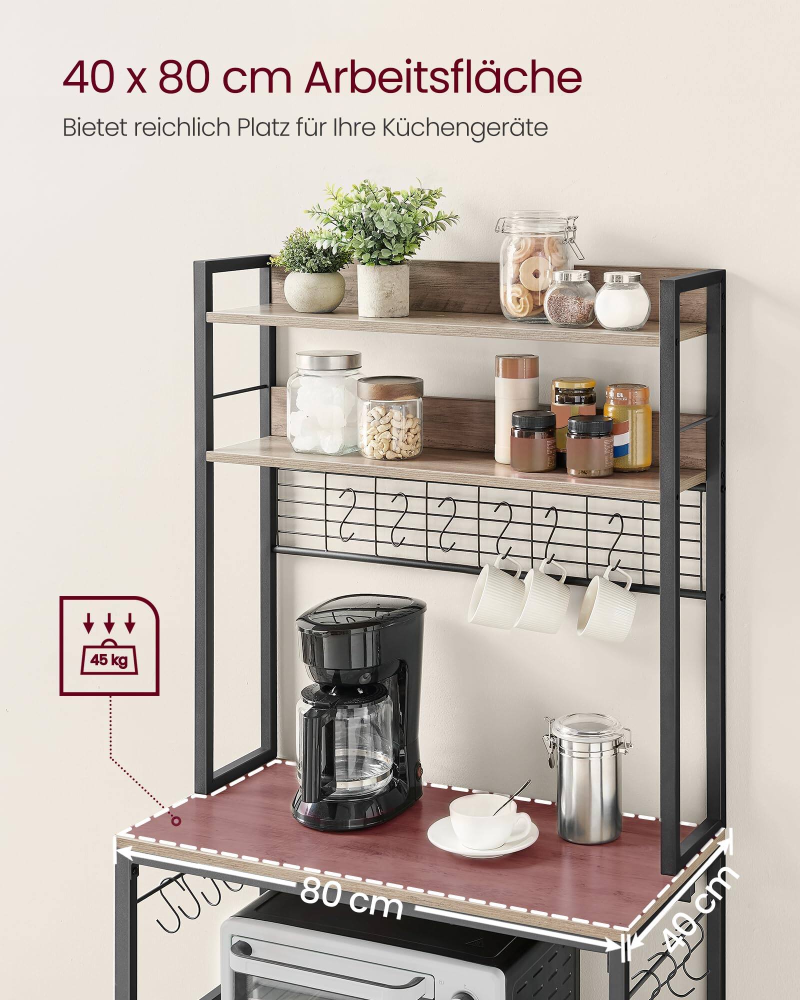 40 x 80 cm Arbeitsfläche  
Bietet reichlich Platz für Ihre Küchengeräte  

45 kg  

80 cm  
40 cm