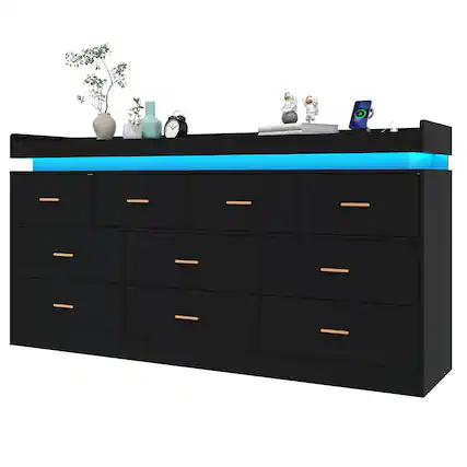 Front. Lent Glitter Wood - 10 Drawer LED Dresser with USB Charging, Modern Storage Cabinet for Closet Organization, Living Room & Hallway Furniture - black.