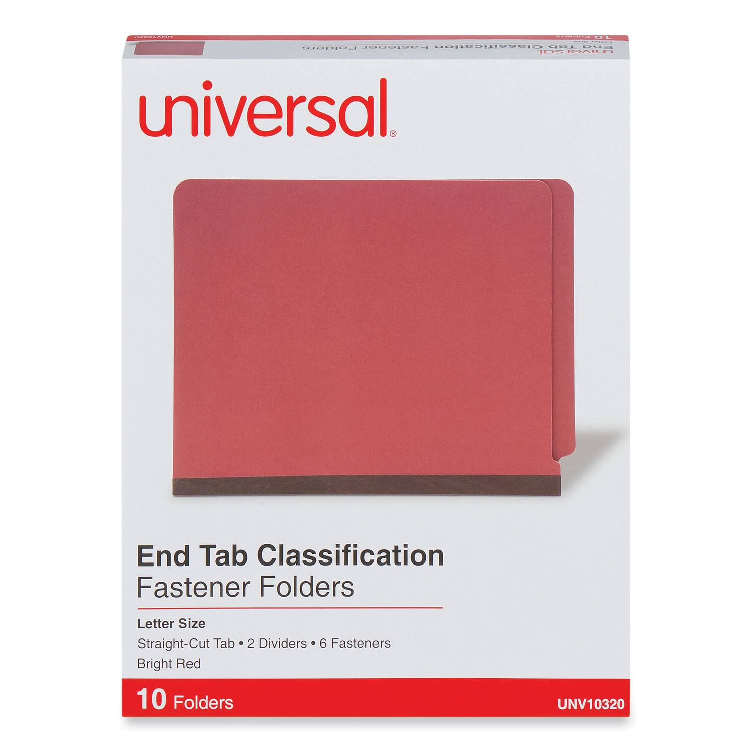- Universal
- End Tab Classification Fastener Folders
- Letter Size
- Straight-Cut Tab • 2 Dividers • 6 Fasteners
- Bright Red
- 10 Folders
- UNV10320