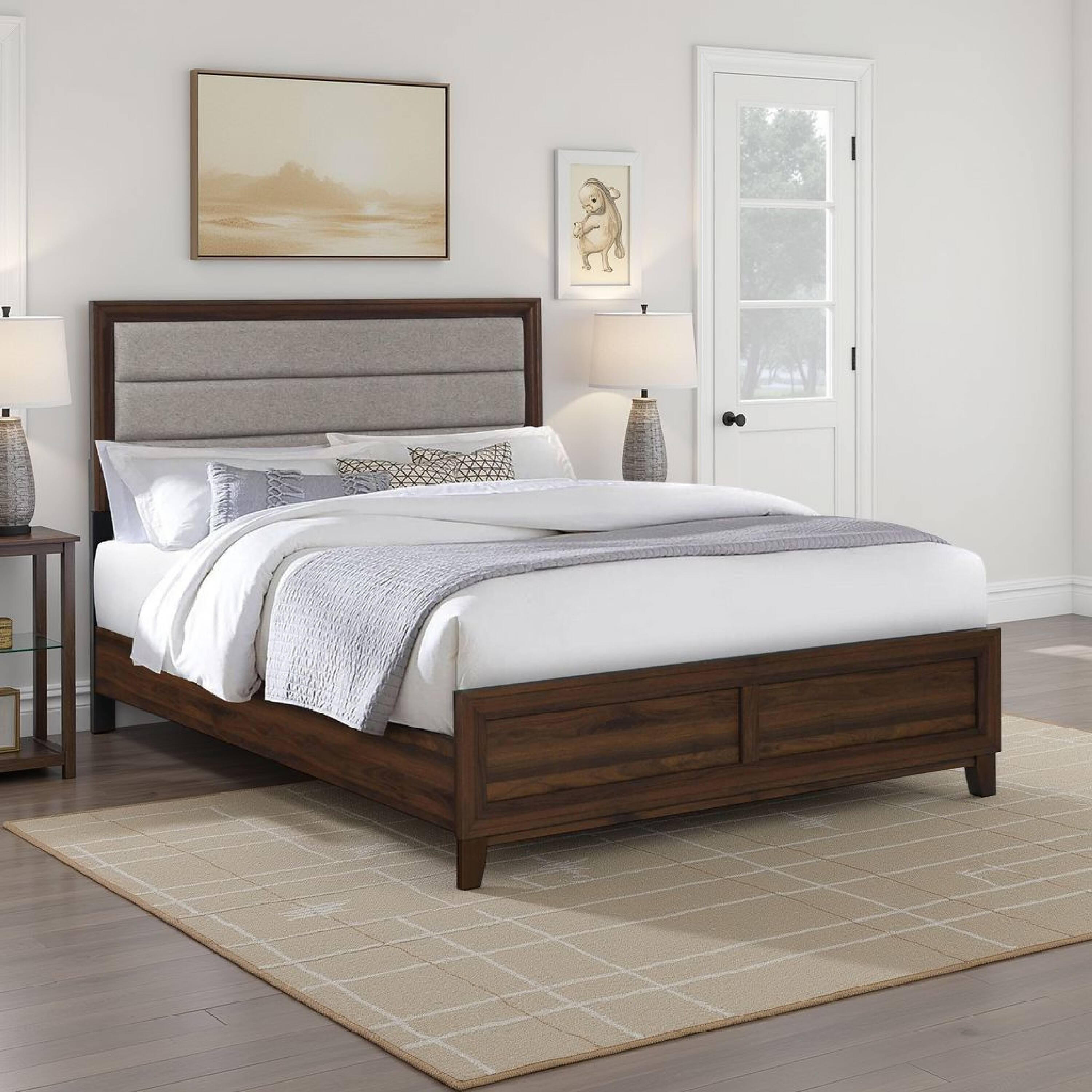Alt View 5. Manhattan Lane - Yels Queen Size Bed, Channel Tufted Taupe Upholstery, Dark Brown Wood - Walnut Brown, Taupe.