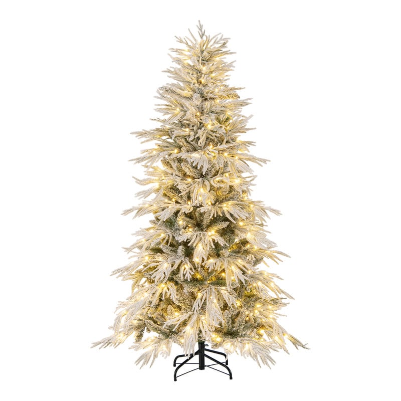 WELLFOR - 6 ft Pre‑Decorated Artificial Christmas Tree, Snow‑Flocked Hinged Xmas Tree with 594 PE‑PVC Branch Tips - White & Green