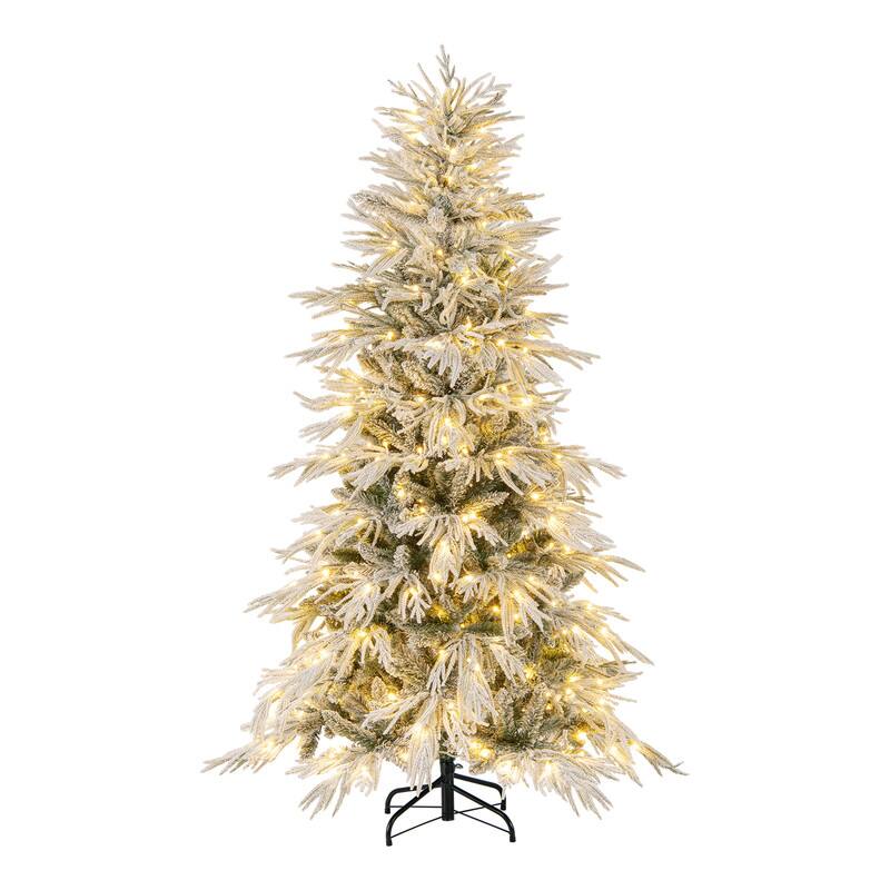 Front. WELLFOR - 6 ft Pre‑Decorated Artificial Christmas Tree, Snow‑Flocked Hinged Xmas Tree with 594  PE‑PVC Branch Tips - White & Green.