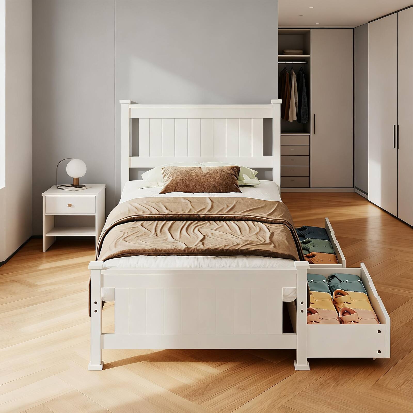 Alt View 6. Winado - Bed Frame with Strong Wood Slat Support,Modern Style Solid Wood Platform Bed for Family Bedrooms with 2 Pull-Out Drawers - White,Twin Size.