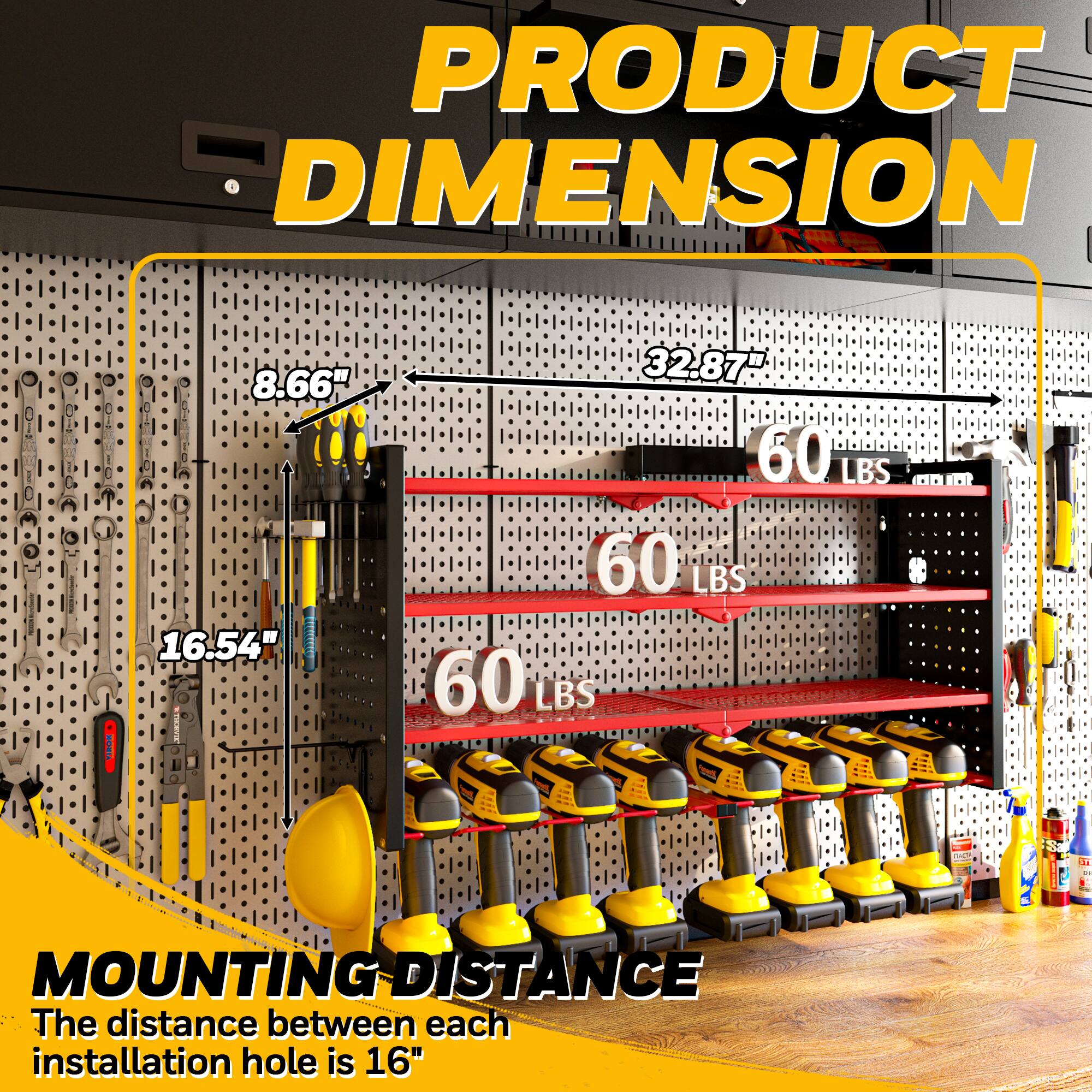 PRODUCT DIMENSION  
- 8.66"  
- 16.54"  
- 32.87"  
- 60 LBS  
- 60 LBS  
- 60 LBS  

MOUNTING DISTANCE  
The distance between each installation hole is 16"