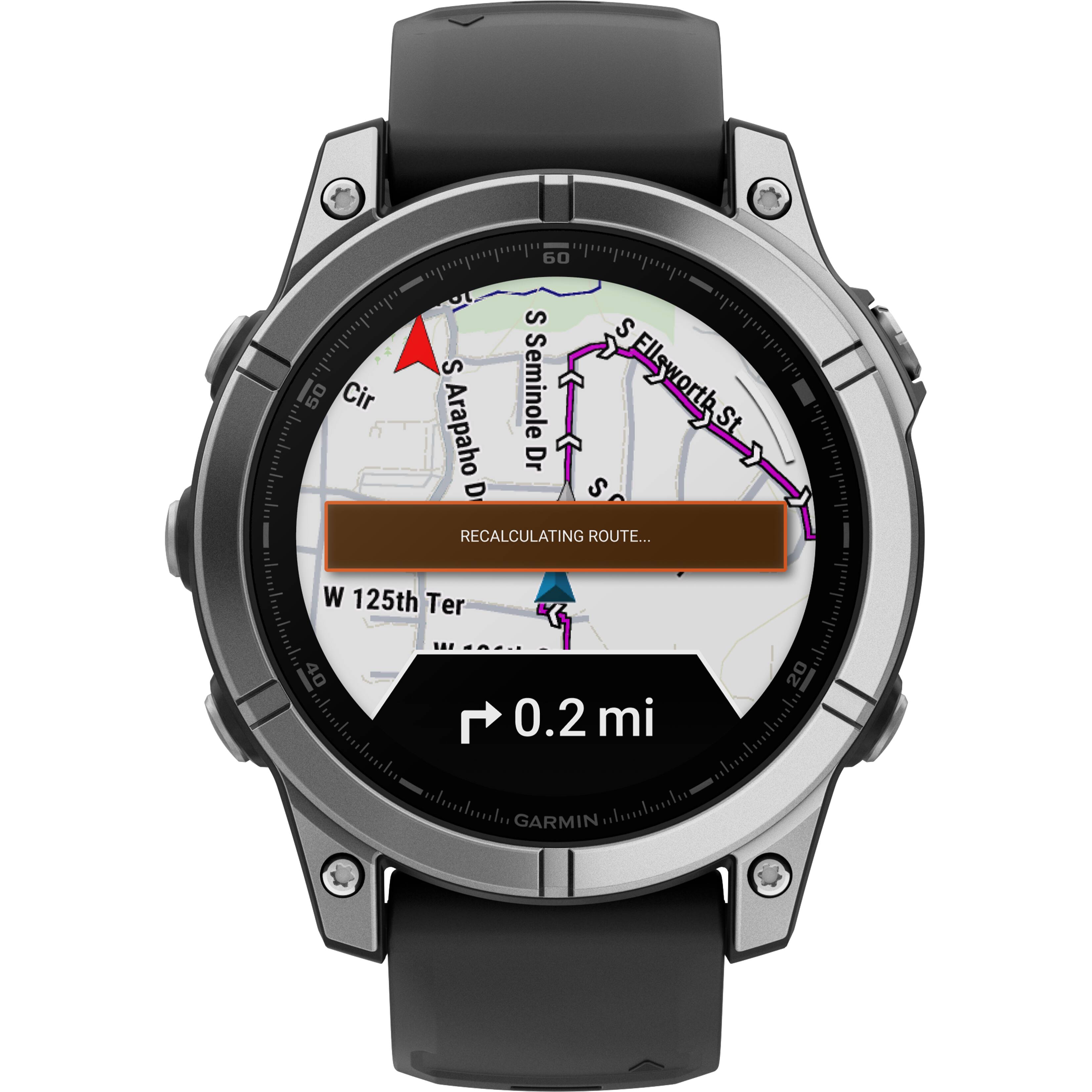 The image displays a Garmin watch with a map and directions on the screen. The watch is showing the route to Seminole, Florida, and the distance to the destination is 20 miles. The watch is also displaying the current location, which is W 125th Ter.
