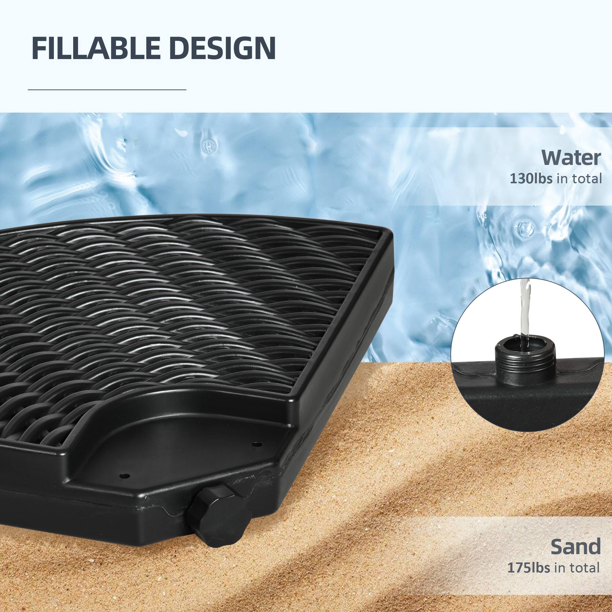 FILLABLE DESIGN

Water  
130lbs in total

Sand  
175lbs in total