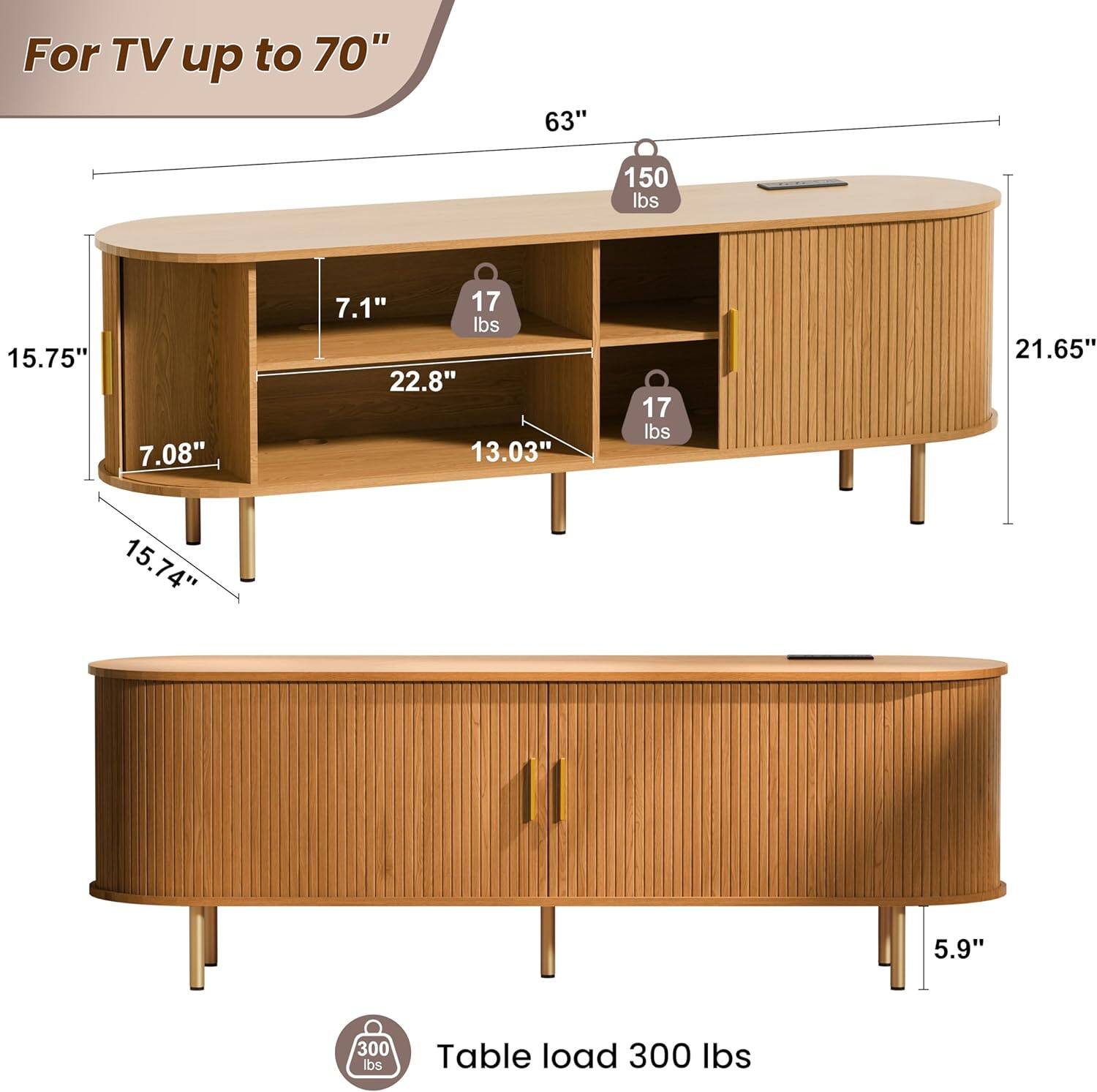 For TV up to 70"

- 63" wide
- 150 lbs weight capacity
- 15.75" deep
- 7.08" height
- 7.1" shelf depth
- 22.8" shelf width
- 13.03" shelf depth
- 17 lbs weight capacity
- 21.65" height
- 15.74" depth
- 5.9" height
- Table load 300 lbs