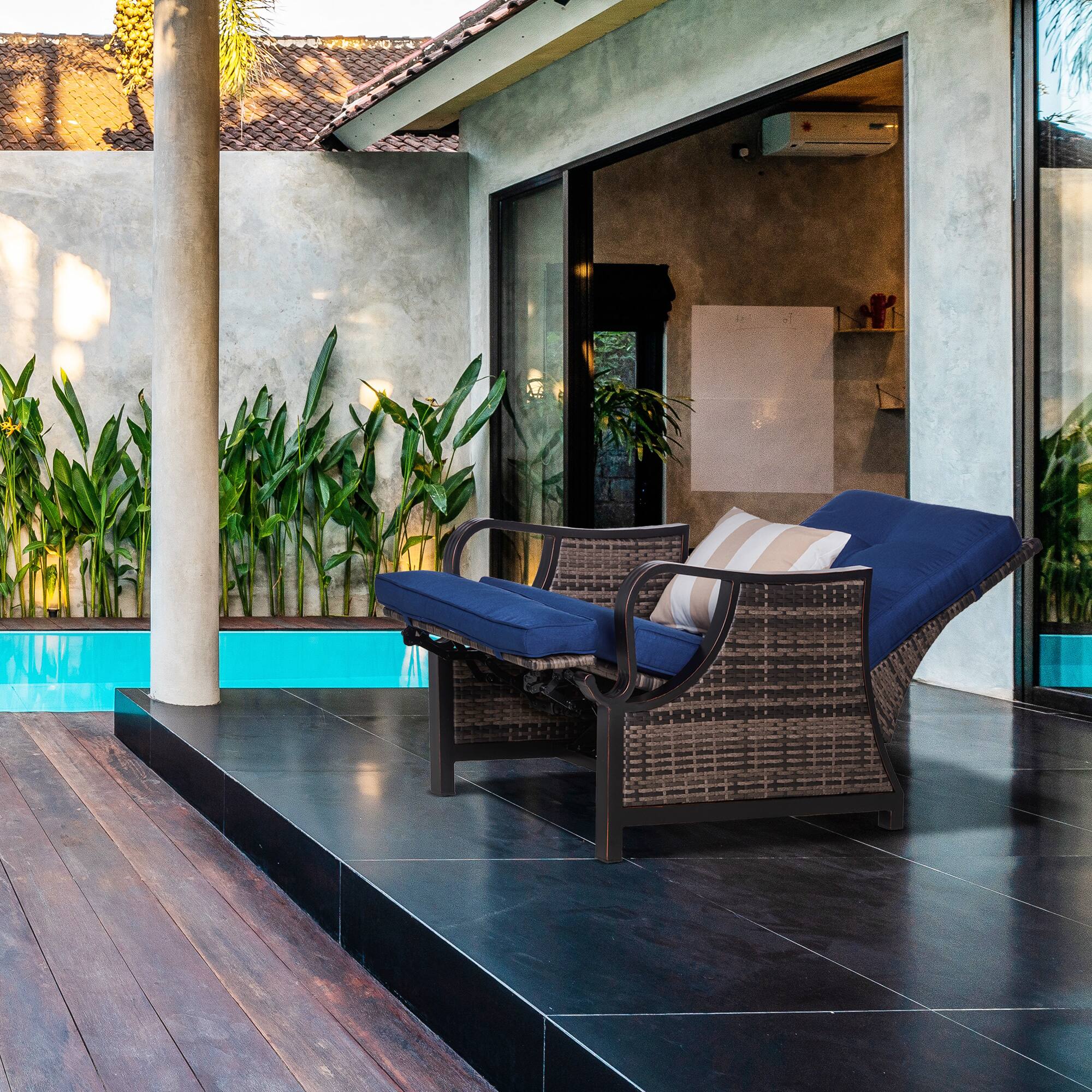 Alt View 1. Outsunny - Outdoor Recliner Chair with Cushion, Rust-Resistant Aluminum Frames PE Wicker Patio Lounge Chaise Chair - Blue.