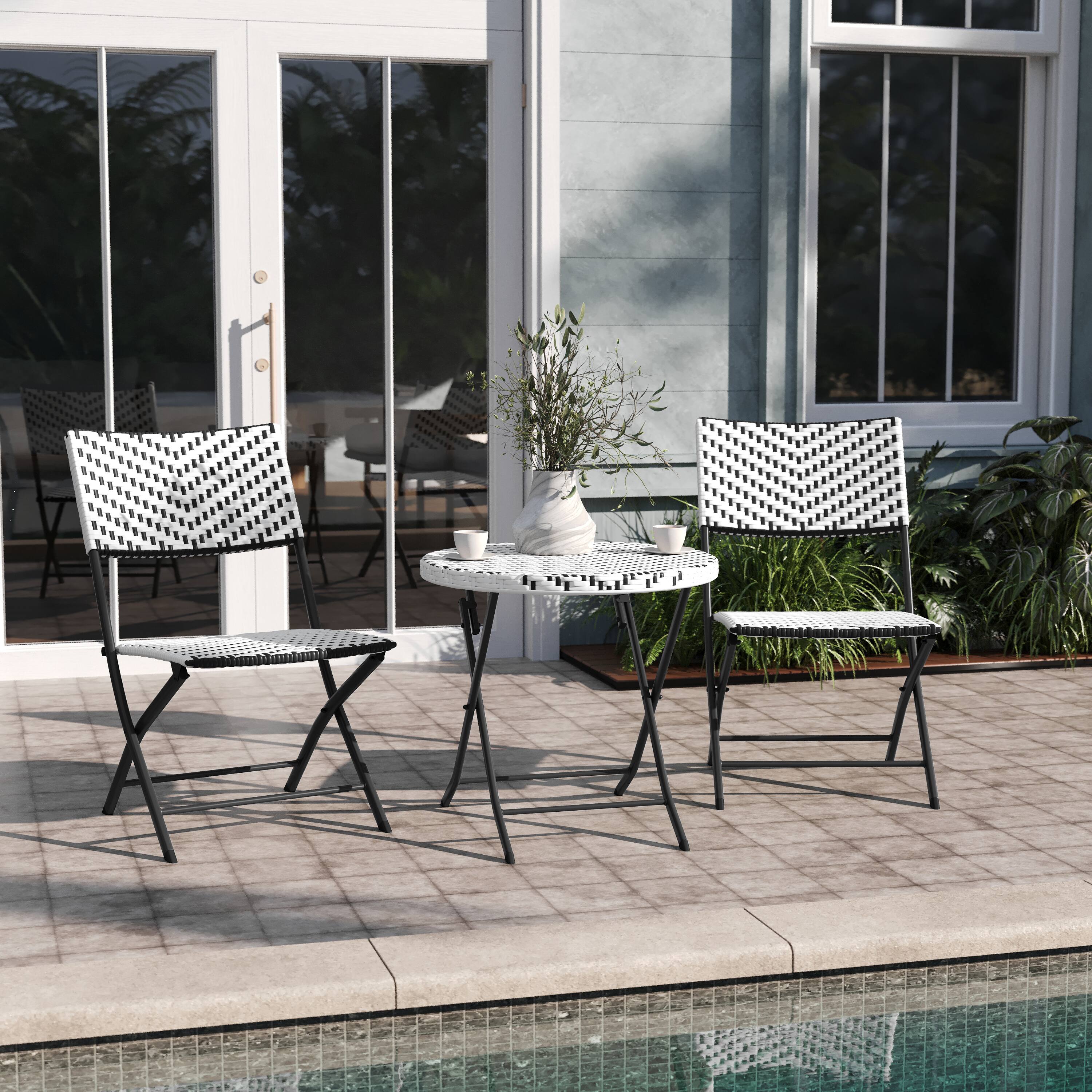 Alt View 1. Emma + Oliver - Ciel Three Piece Folding Bistro Set in PE Rattan with Metal Frames for Indoor and Outdoor Use - Black & White.