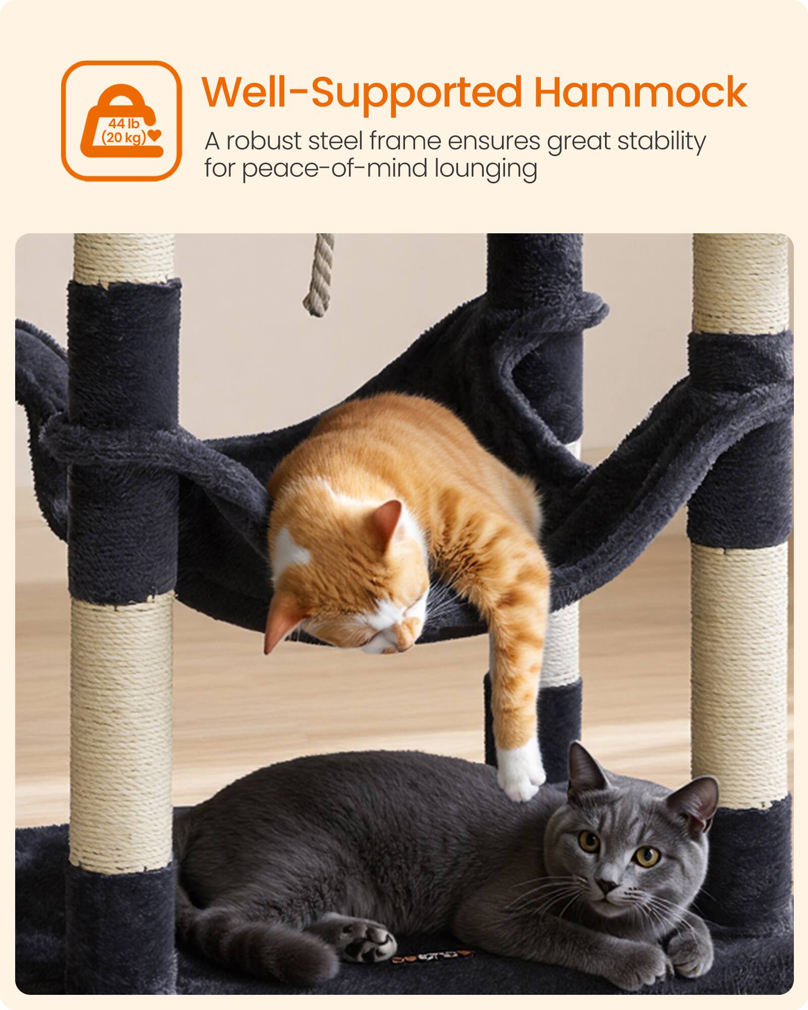 Well-Supported Hammock  
44 lb (20 kg)  
A robust steel frame ensures great stability for peace-of-mind lounging