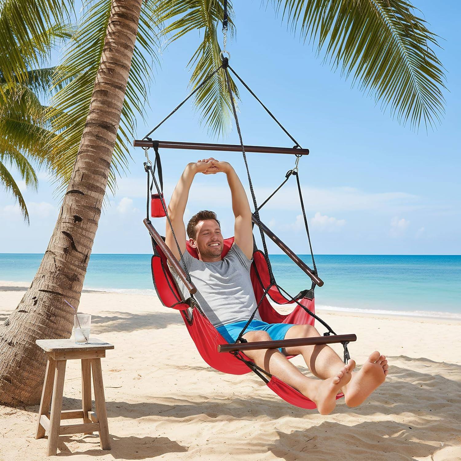 Alt View 5. Winado - 5FT Hammock Hanging Sky Chair, Air Deluxe Swing Seat with Cup Holder, Wooden Stick, Chain for Indoor Outdoor Garden - Red.