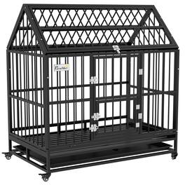 Pawhut - 48" Heavy Duty Dog Crate, Strong Steel, 4 Lockable Wheels, Double Doors, Openable Top, Removable Tray, XL/Large