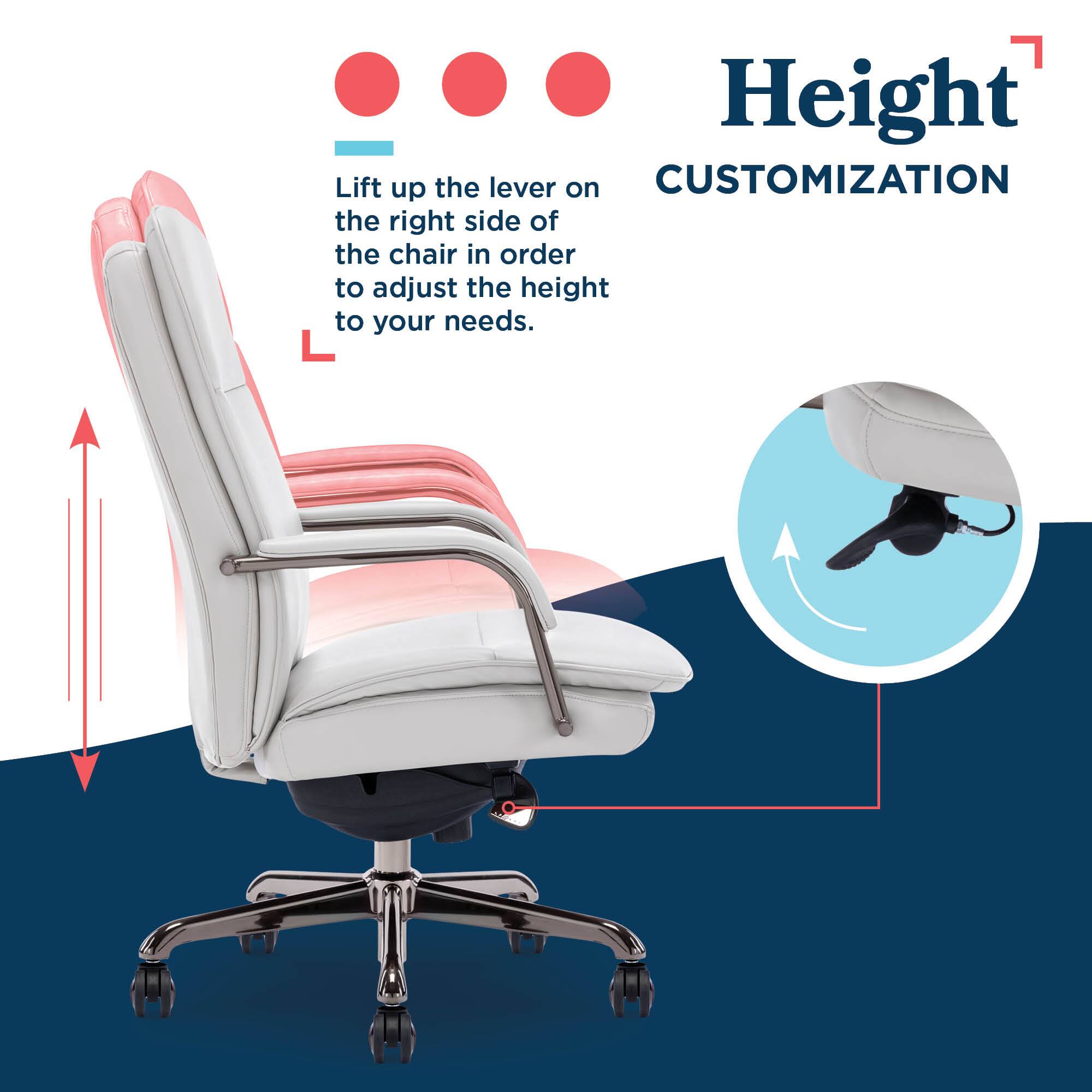 The image features a white office chair with a pink seat. The chair has a customization option that allows the user to adjust the height by lifting the lever on the right side of the chair. This feature enables the user to find the most comfortable and ergonomic position for their needs.