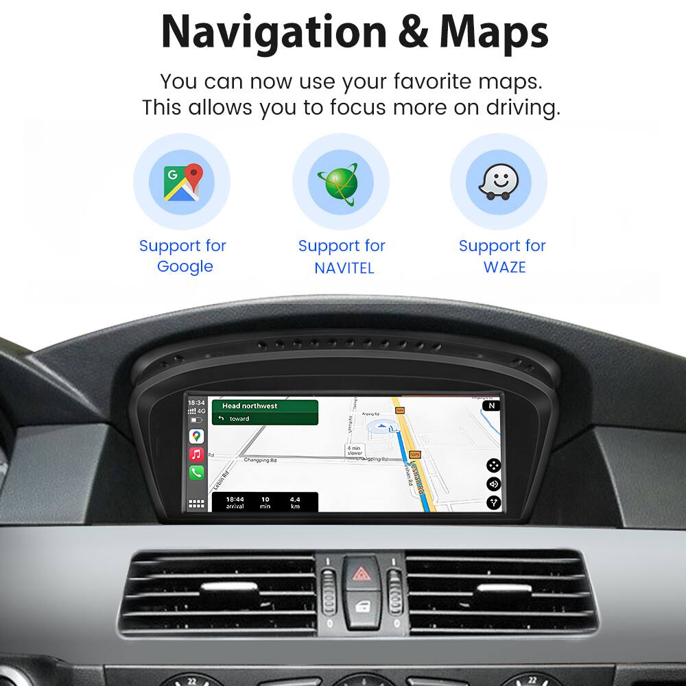 Navigation & Maps  
You can now use your favorite maps. This allows you to focus more on driving.  
Support for Google  
Support for NAVITEL  
Support for WAZE  

18:34 + D0 Head northwest toward Umat nunga N  
Changping.ka R P  
18:44 10 arrival min 4.4 km  

LESIDIARO  
V I 0 0 22 22